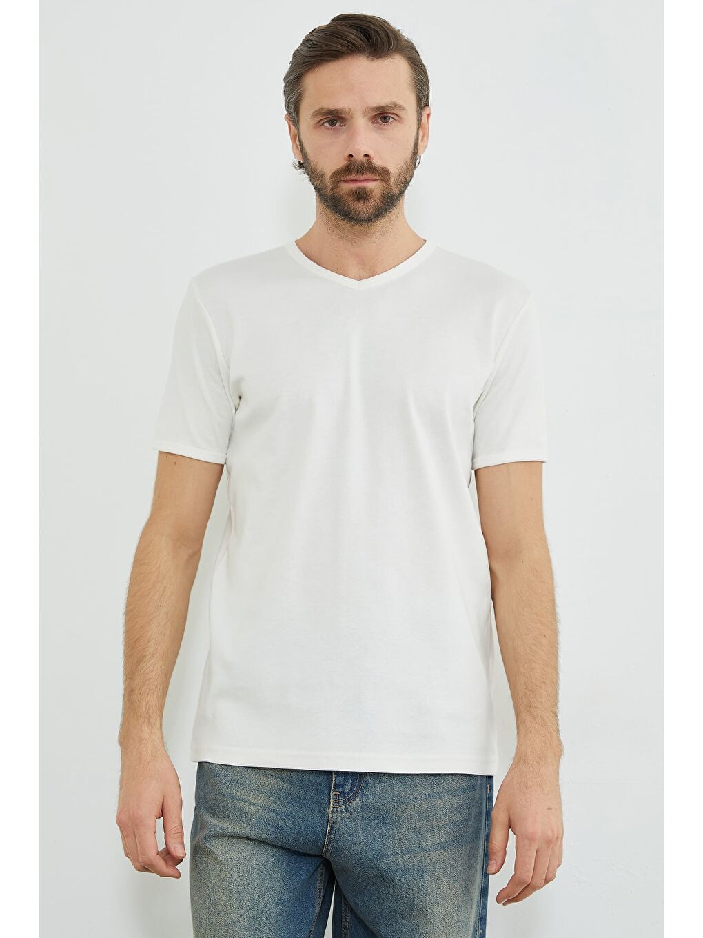 Ekru Basic Ribanalı V Yaka Tişört-3