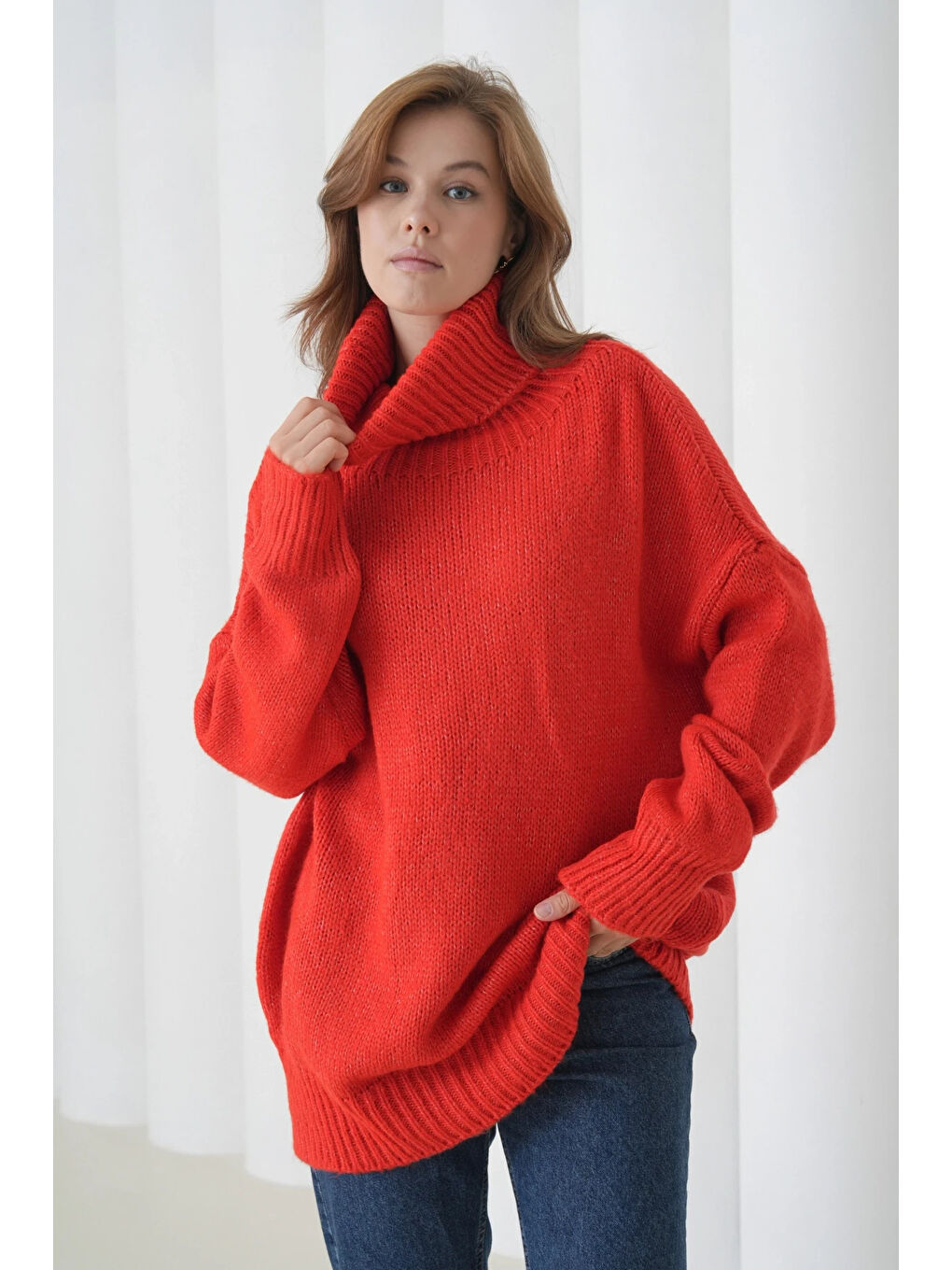 Kırmızı Kadın Balıkçı Yaka Kaşkorse Oversize Triko Tunik-1