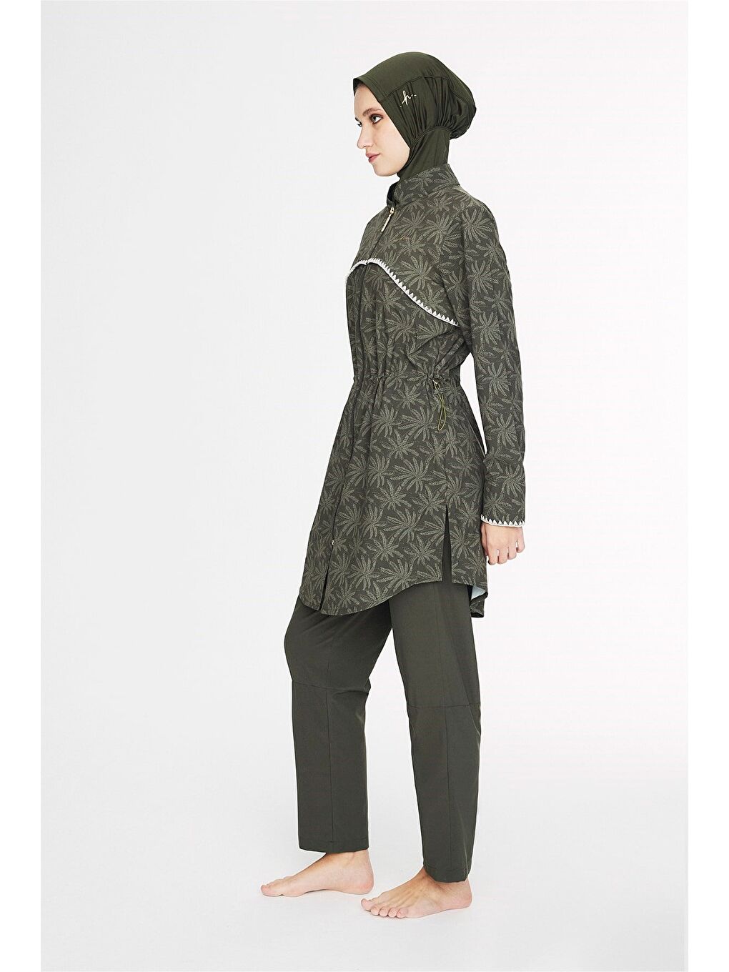 Haki Vaha Koleksiyonu Taytlı Pantolonlu Palmiye Desenli 6 Parça Tam Tesettür Mayo Takımı 5095-7