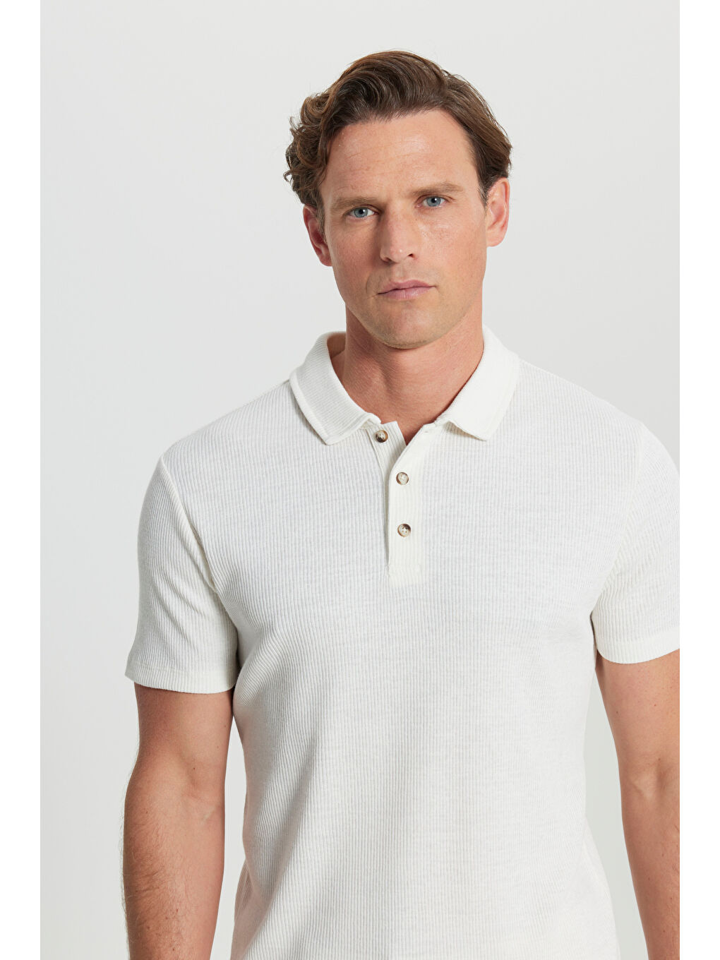 Erkek Ekru Pamuklu Dar Kesim Polo Yaka Çizgili Tişört-3