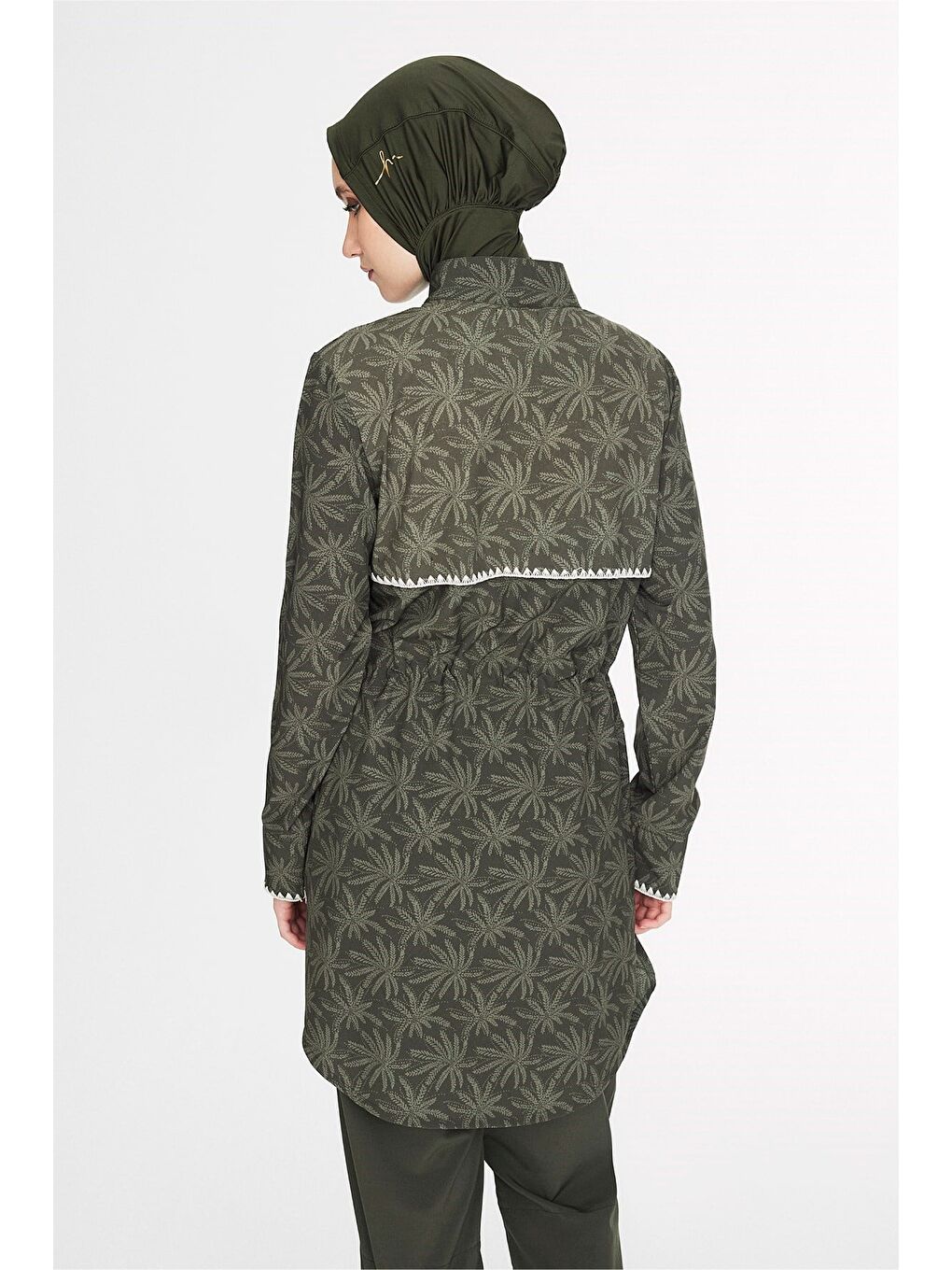 Haki Vaha Koleksiyonu Taytlı Pantolonlu Palmiye Desenli 6 Parça Tam Tesettür Mayo Takımı 5095-9