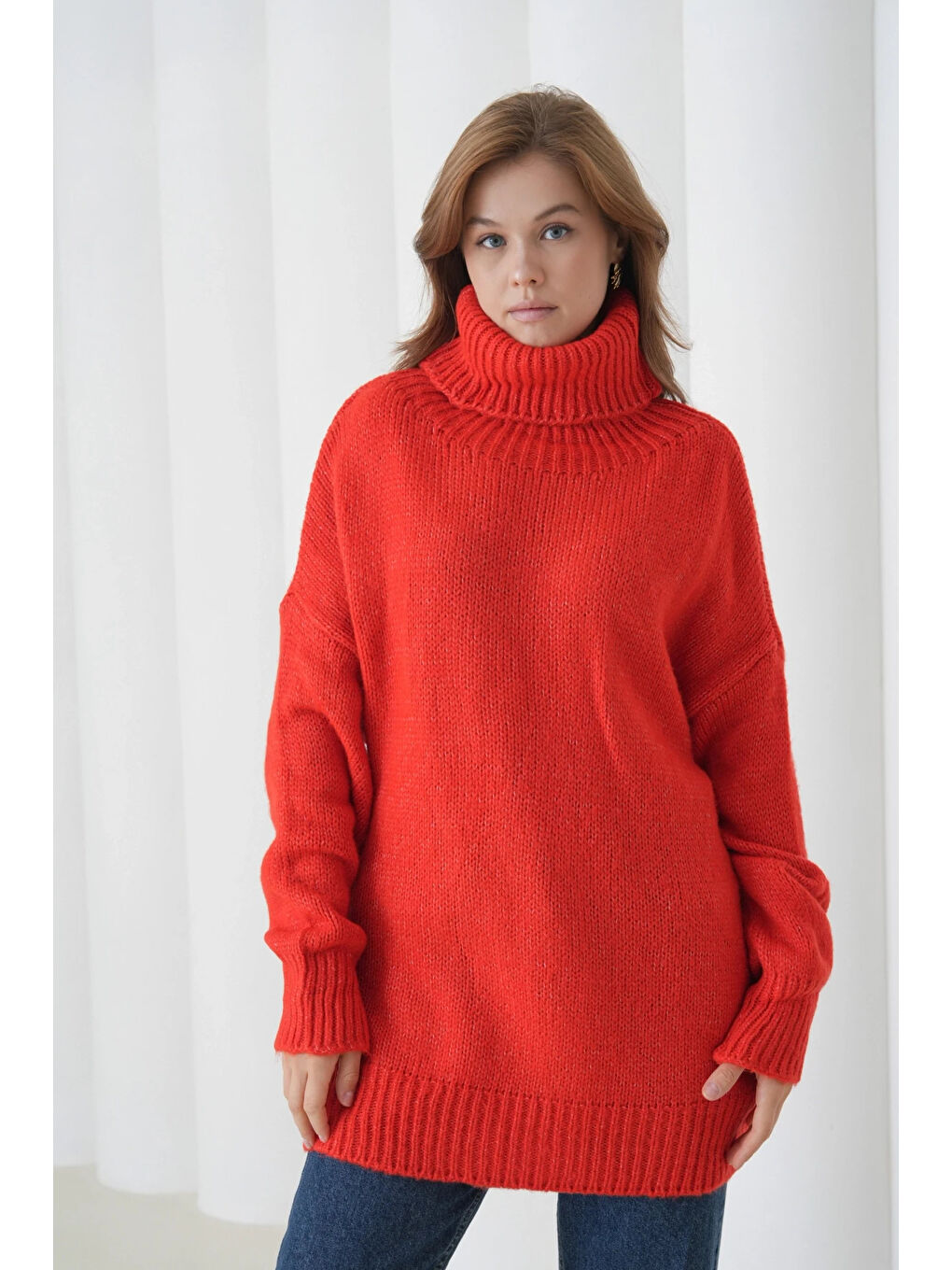 Kırmızı Kadın Balıkçı Yaka Kaşkorse Oversize Triko Tunik-2