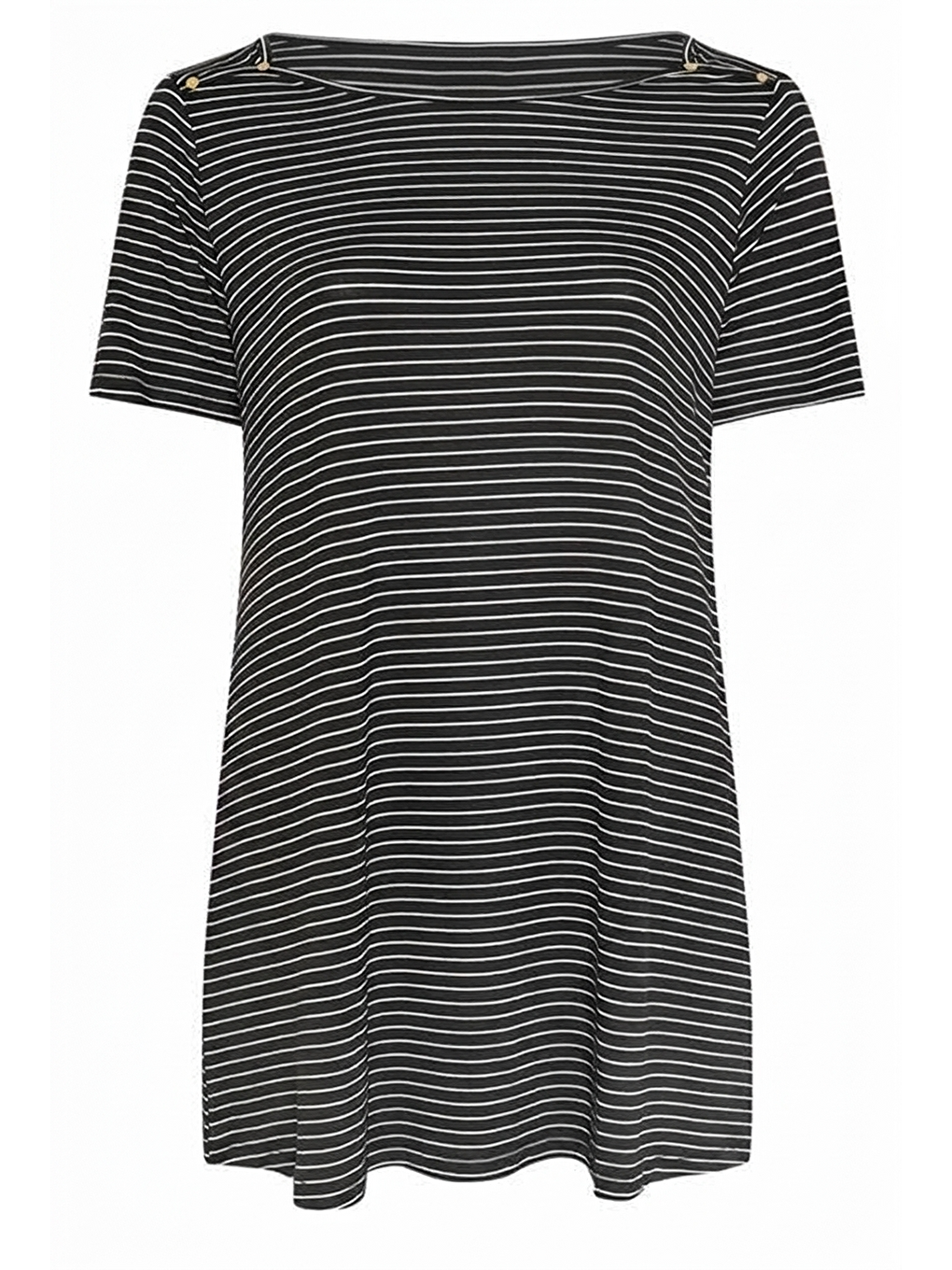 Siyah Bisiklet Yaka Kısa Kollu Omzu Çıtçıtlı Esnek Kumaşlı Çizgili Uzun T-shirt-5
