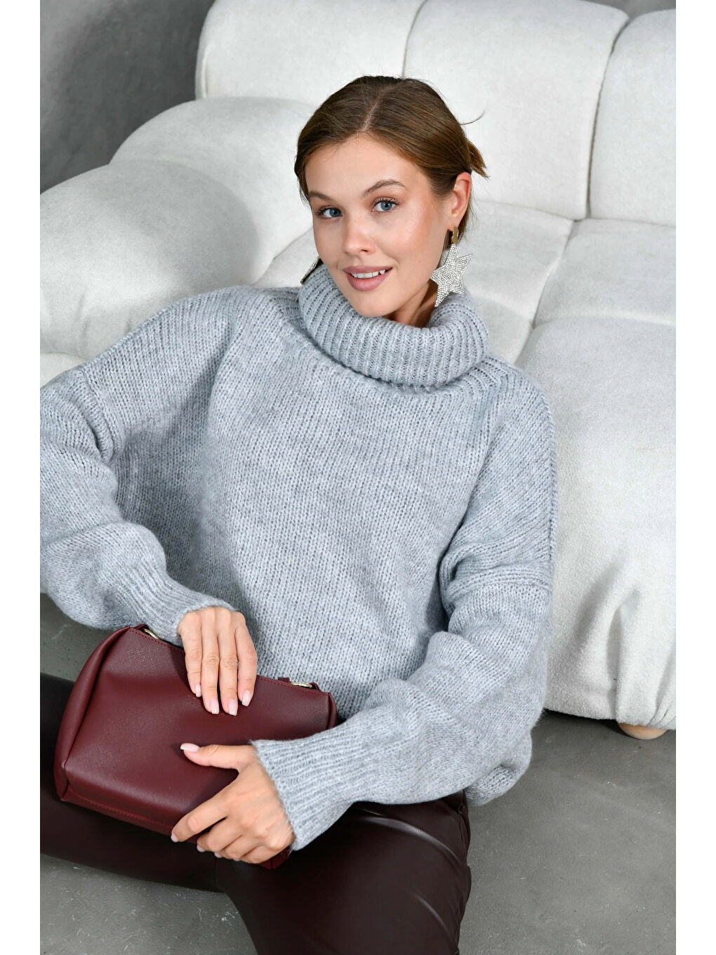 Gri Kadın Balıkçı Yaka Kaşkorse Oversize Triko Tunik-4