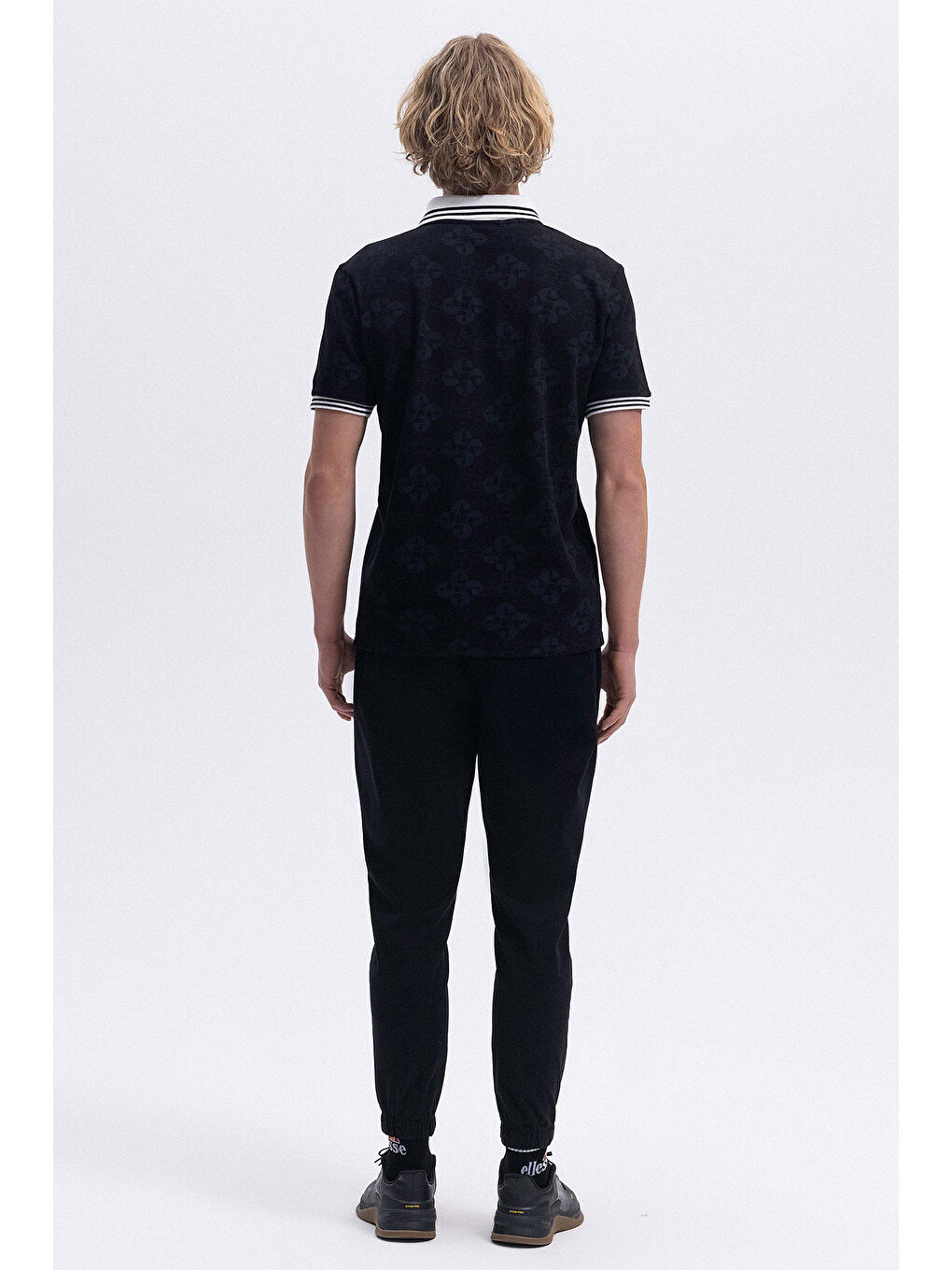 Siyah Monogramlı % 100 Pamuk Regular Fit Düğmeli Polo Yaka T Shirt EM381-BK-6