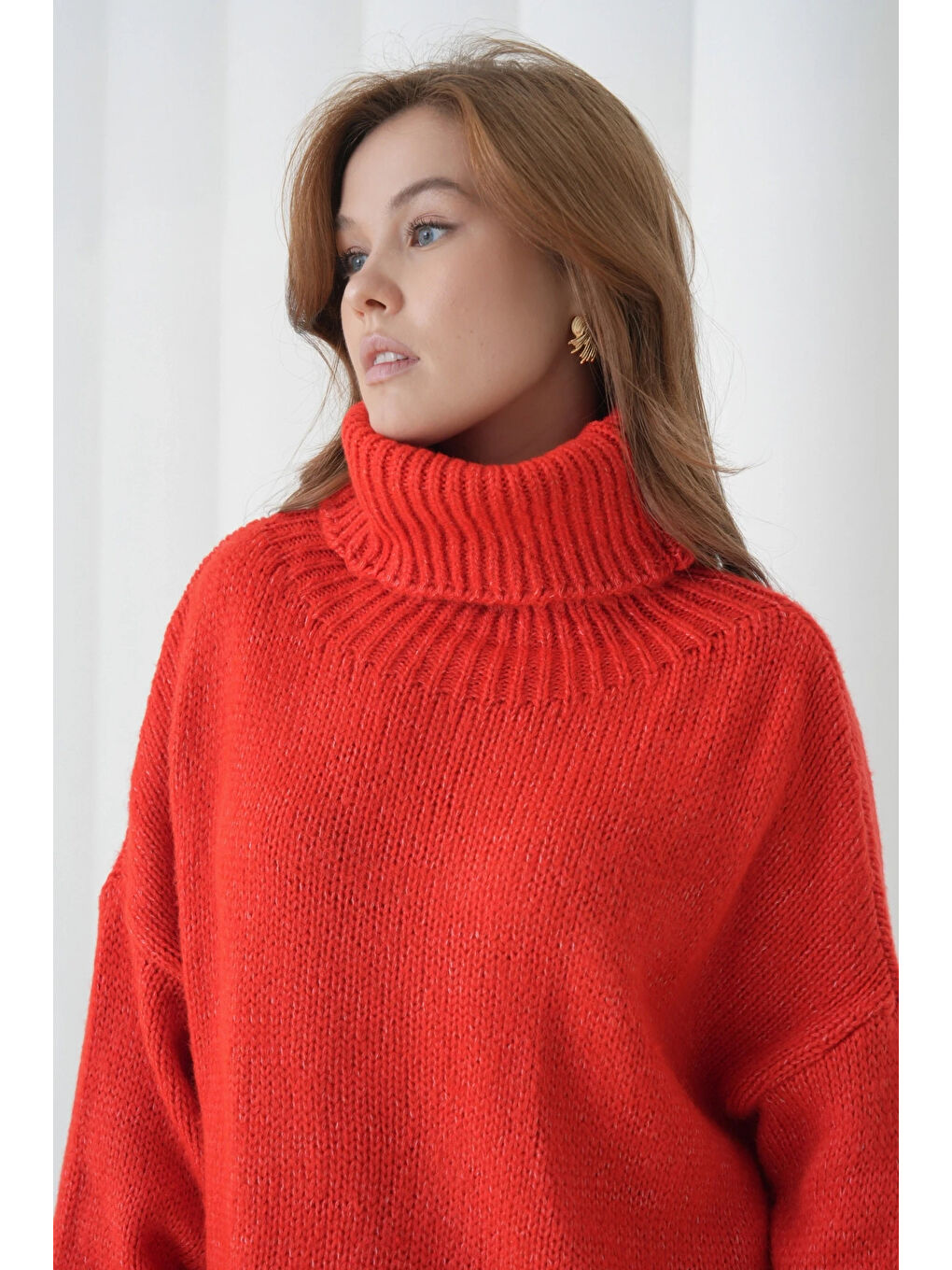 Kırmızı Kadın Balıkçı Yaka Kaşkorse Oversize Triko Tunik-4