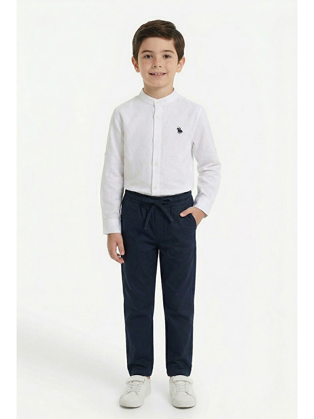 Bej Erkek Çocuk 2li Takım Hakim Yaka Düğmeli Uzun Kollu Gömlek - Beli Bağlamalı Normal Paça Pantolon 142