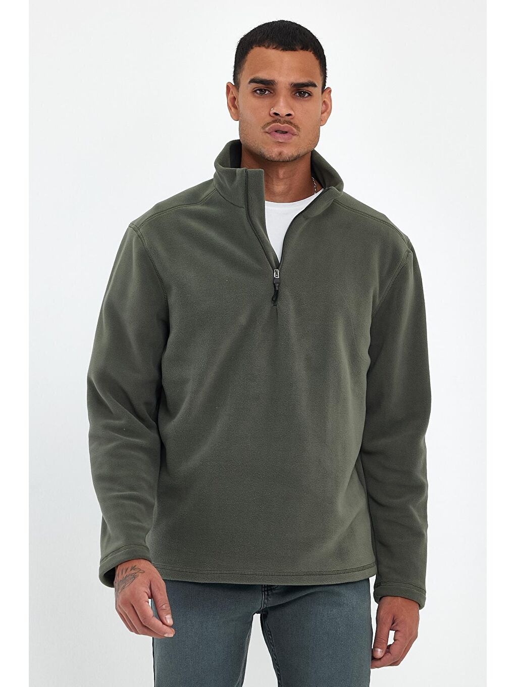 Haki Erkek Rahat Kalıp Softech Polar Yarım Fermuarlı Sweatshırt spr24pw20-1