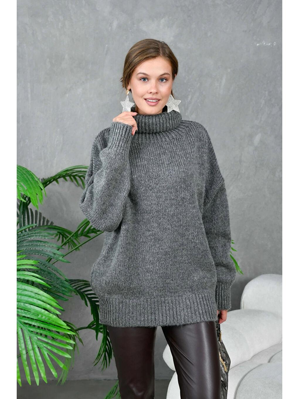 Antrasit Kadın Balıkçı Yaka Kaşkorse Oversize Triko Tunik