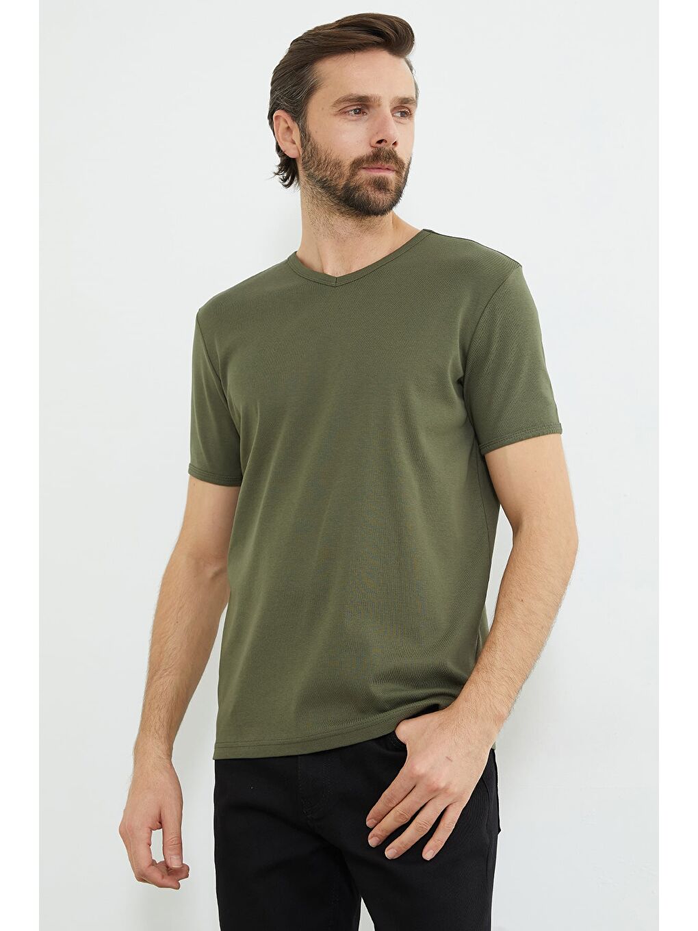 Haki Basic Ribanalı V Yaka Tişört-2