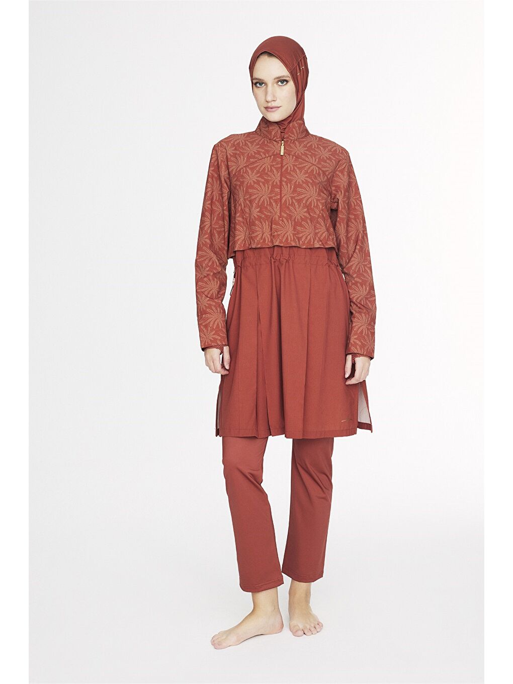 Bej Vaha Koleksiyonu Palmiye Desenli Kiremit Renk 5 Parça Tam Tesettür Mayo Takımı 6028-1