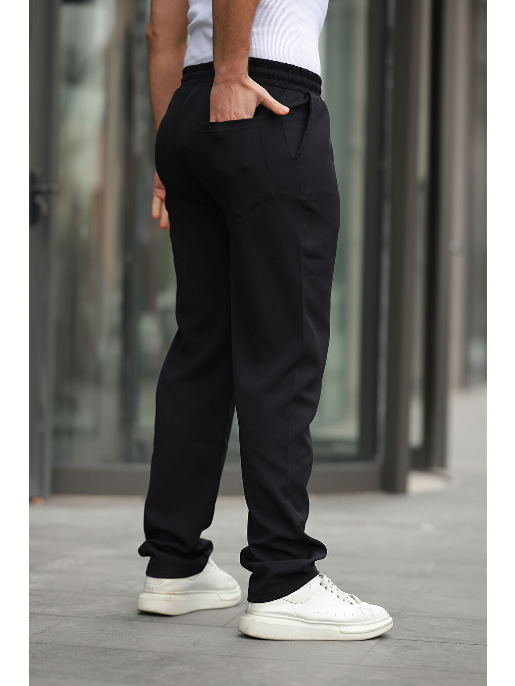 Siyah Trend Beli Lastikli Bol Paça Baggy Erkek Pantolon-1