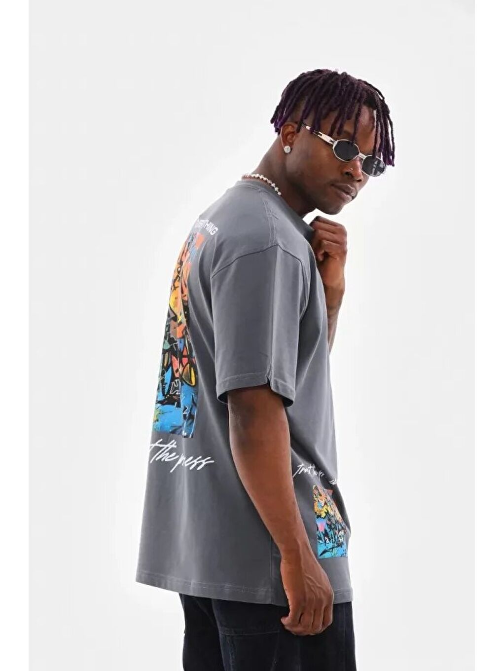 Unisex Bisiklet Yaka Baskılı Oversize T-Shirt - Gri-3