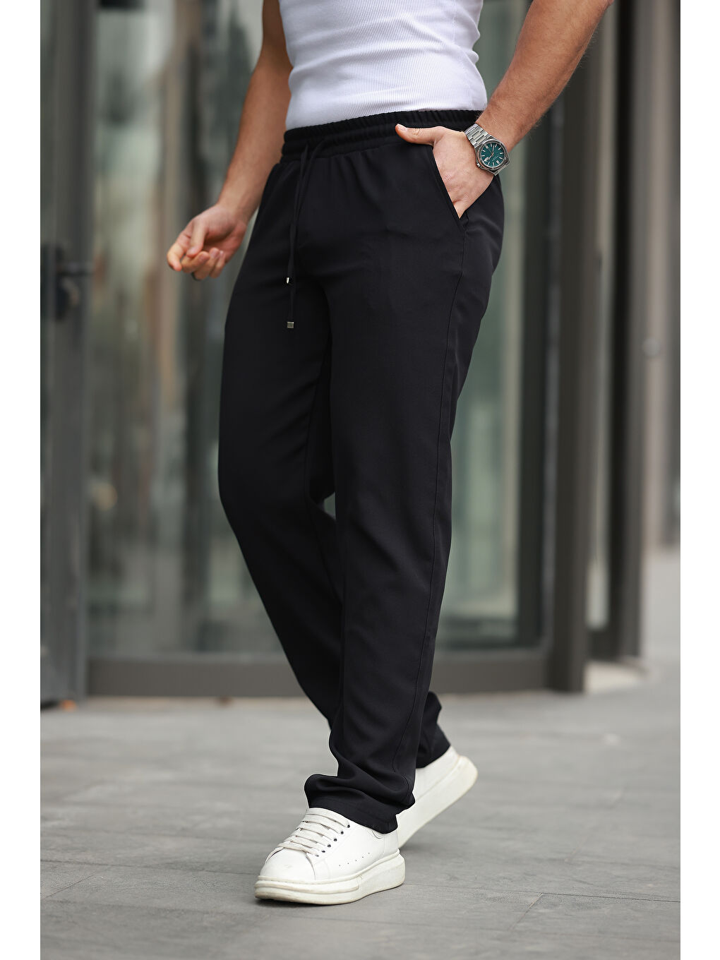 Siyah Trend Beli Lastikli Bol Paça Baggy Erkek Pantolon-2