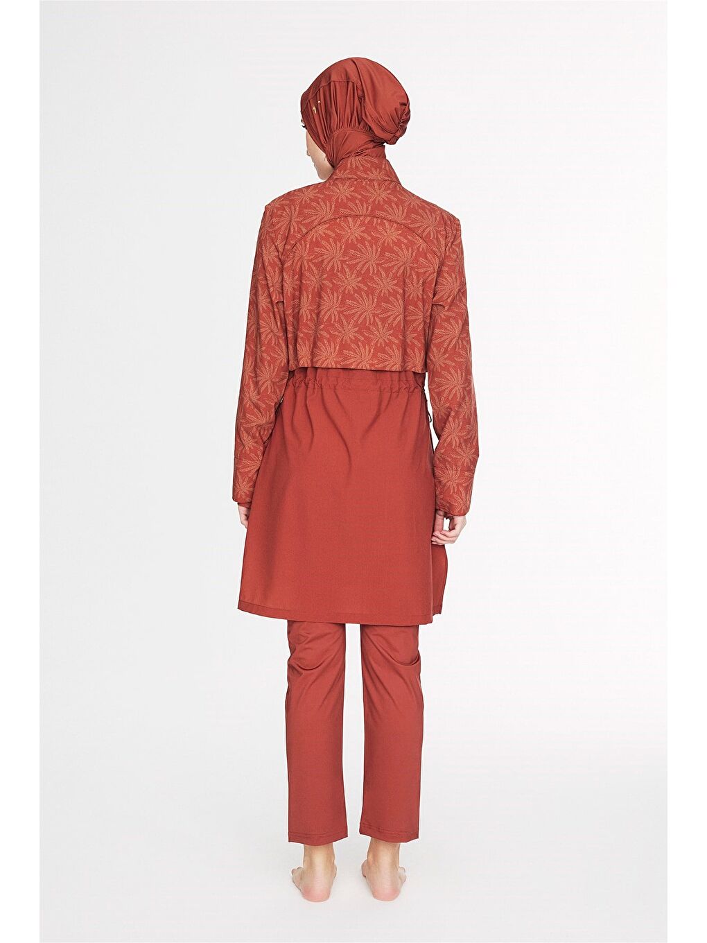 Bej Vaha Koleksiyonu Palmiye Desenli Kiremit Renk 5 Parça Tam Tesettür Mayo Takımı 6028-2