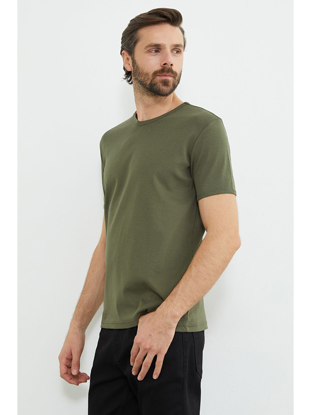 Haki Basic Ribanalı V Yaka Tişört-4
