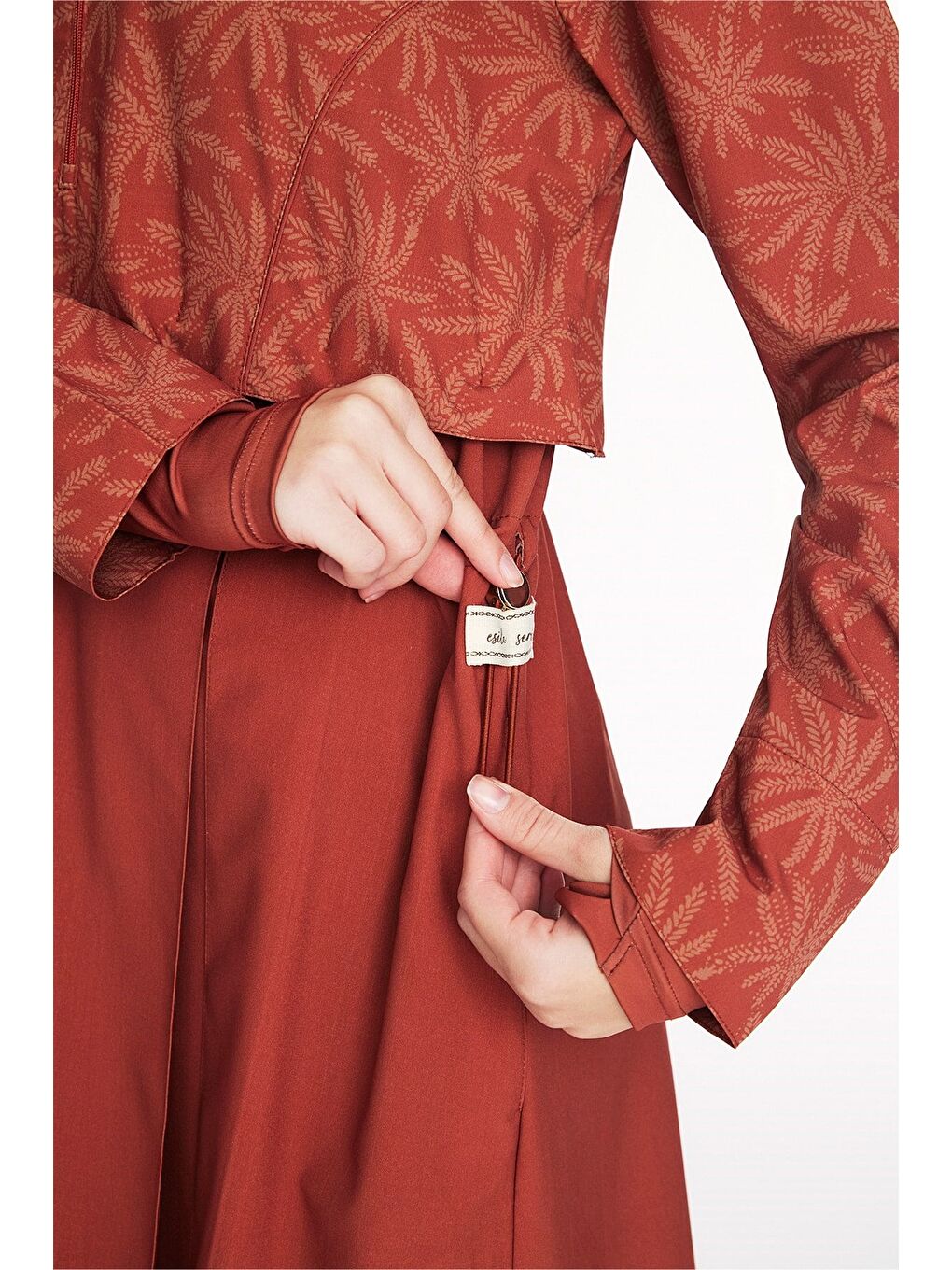 Bej Vaha Koleksiyonu Palmiye Desenli Kiremit Renk 5 Parça Tam Tesettür Mayo Takımı 6028-3