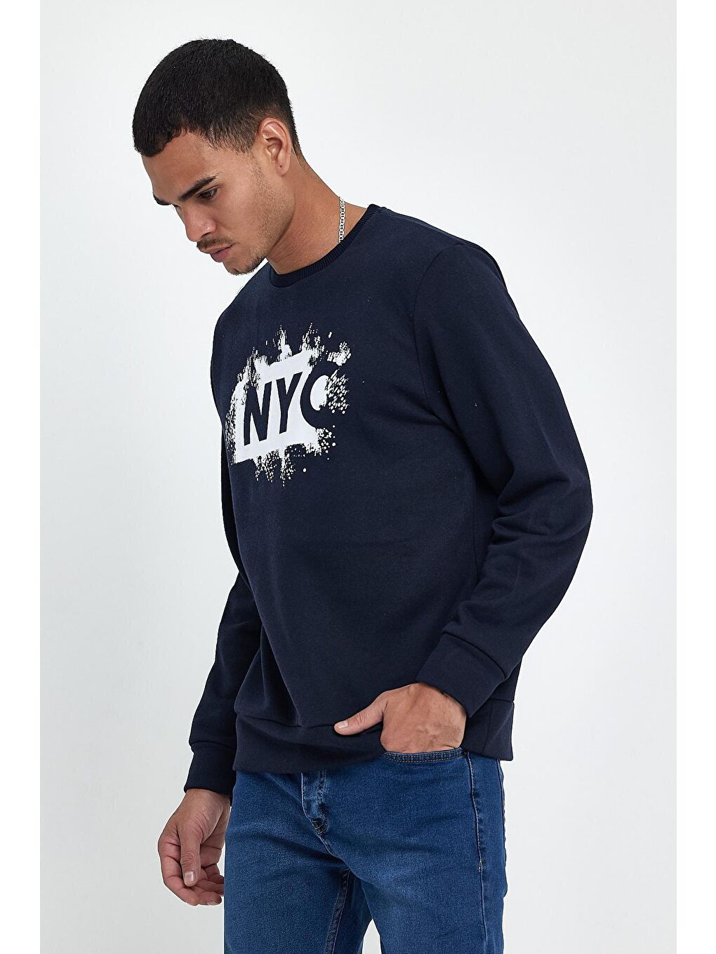 Lacivert Erkek Bisiklet Yaka Standart Kalıp 3 İplik Kalın NYC Baskılı Sweatshirt spr24sw24-1