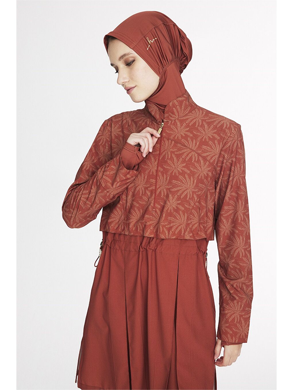 Bej Vaha Koleksiyonu Palmiye Desenli Kiremit Renk 5 Parça Tam Tesettür Mayo Takımı 6028-4