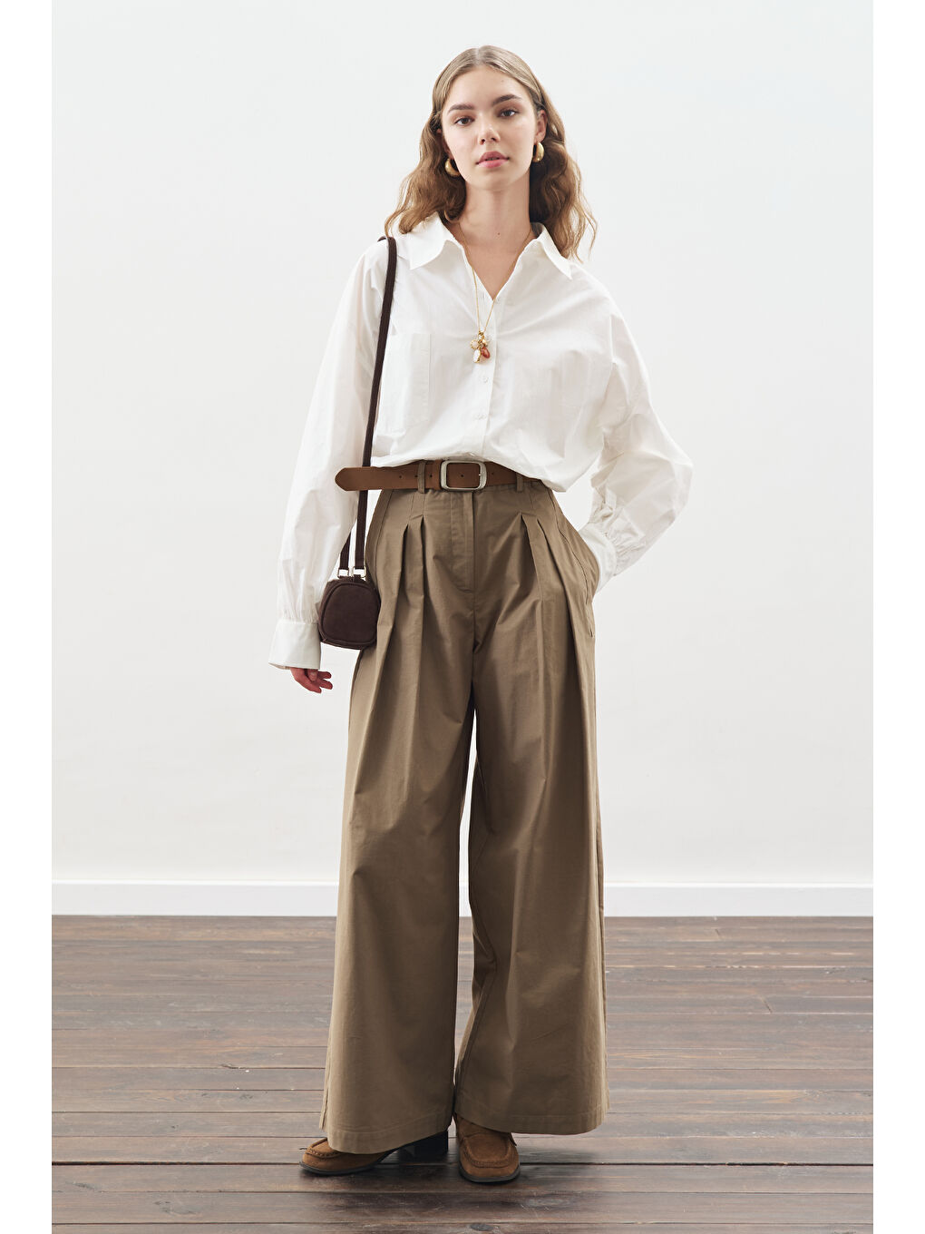 Geniş Pileli Gabardin Pantolon Haki-1