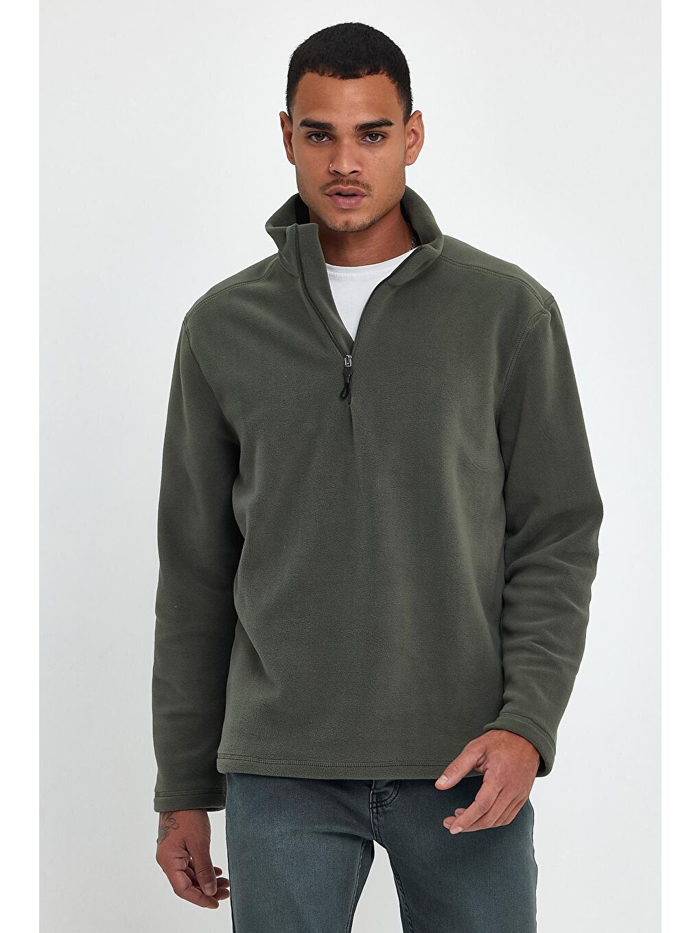 Haki Erkek Rahat Kalıp Softech Polar Yarım Fermuarlı Sweatshırt spr24pw20-2