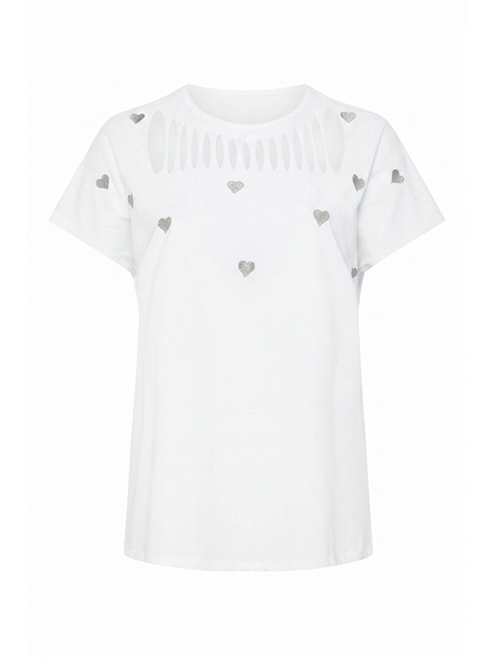Beyaz Önü Kesikli Kalp Desenli T-shirt-4