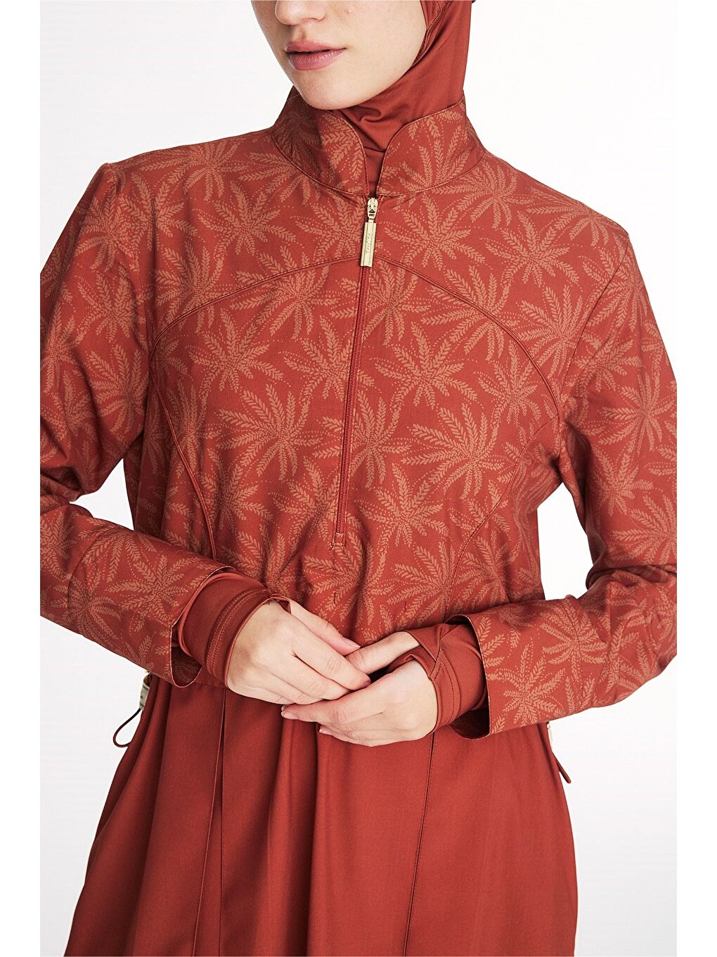 Bej Vaha Koleksiyonu Palmiye Desenli Kiremit Renk 5 Parça Tam Tesettür Mayo Takımı 6028-5