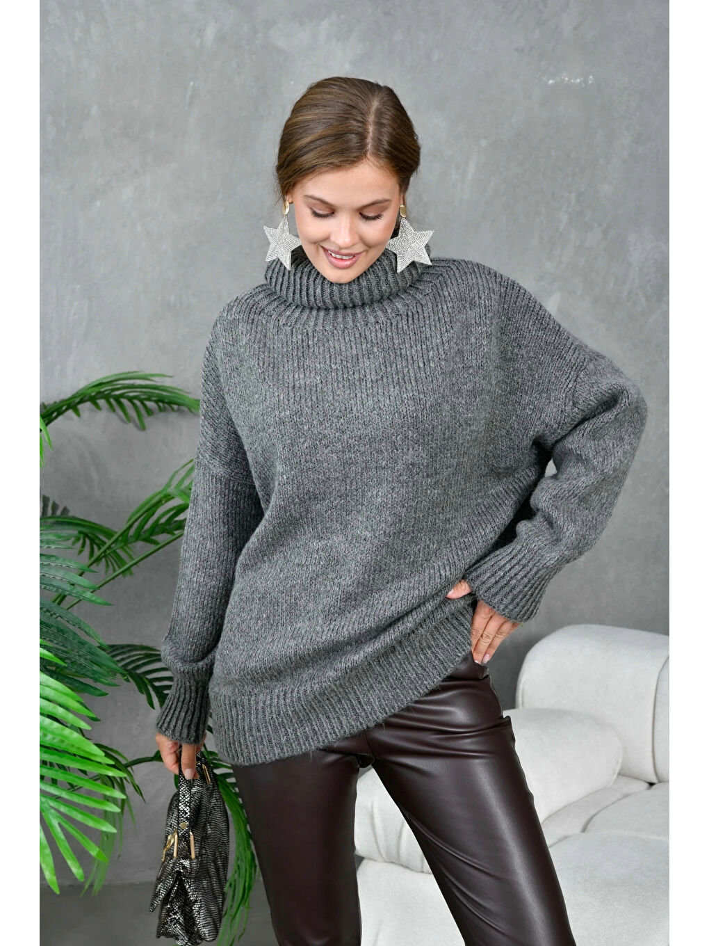 Antrasit Kadın Balıkçı Yaka Kaşkorse Oversize Triko Tunik-2