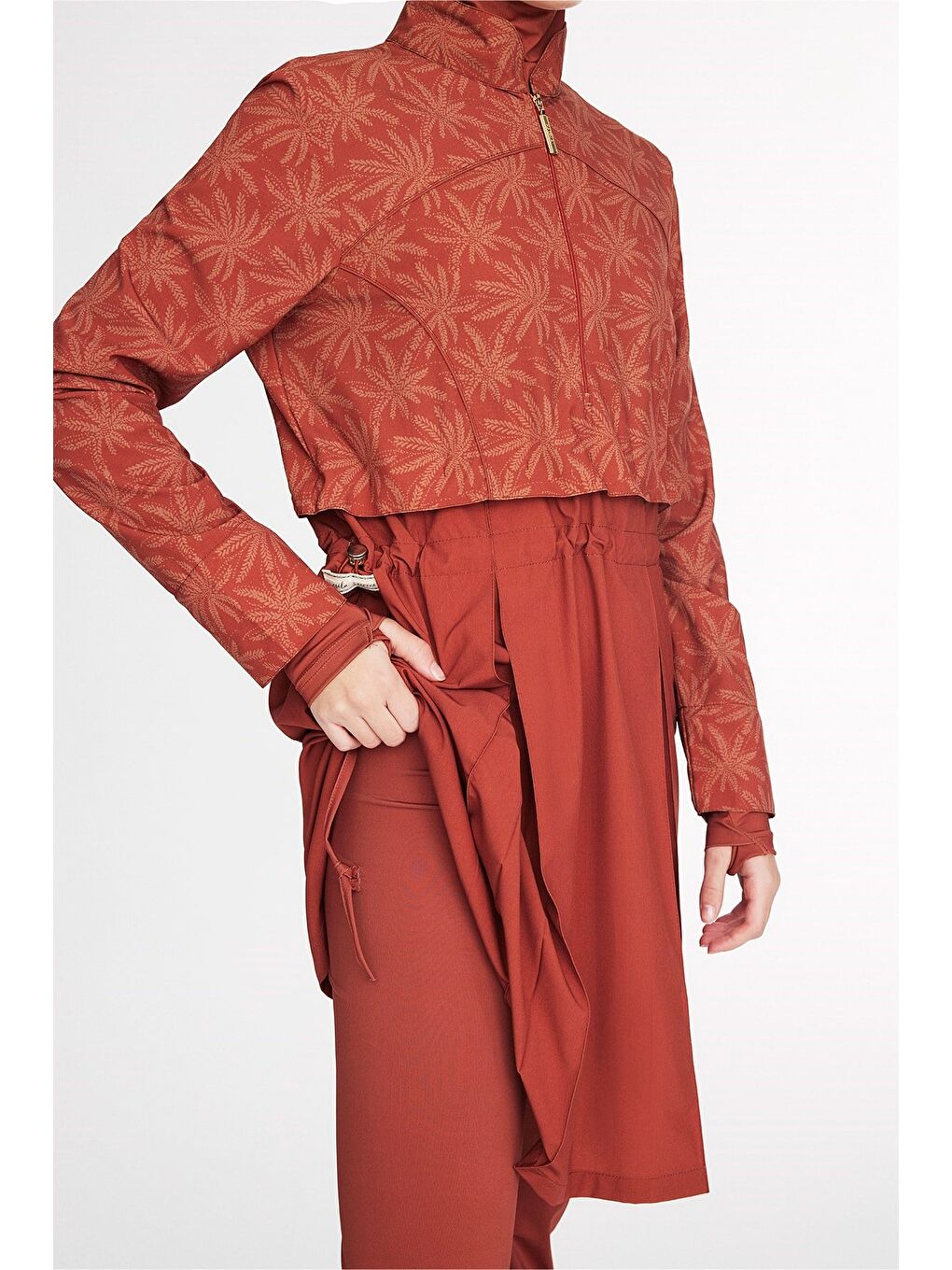 Bej Vaha Koleksiyonu Palmiye Desenli Kiremit Renk 5 Parça Tam Tesettür Mayo Takımı 6028-6