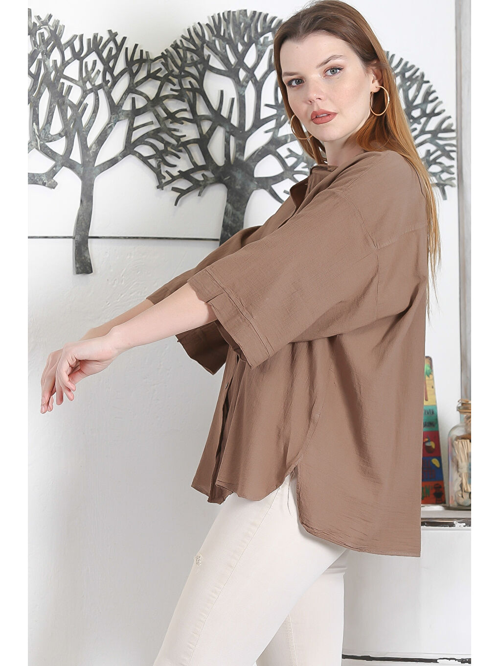 Kahverengi Açık Kahve 3/4 Kol Sedef Düğmeli Yırtmaçlı Casual Pamuk Dokuma Gömlek-3