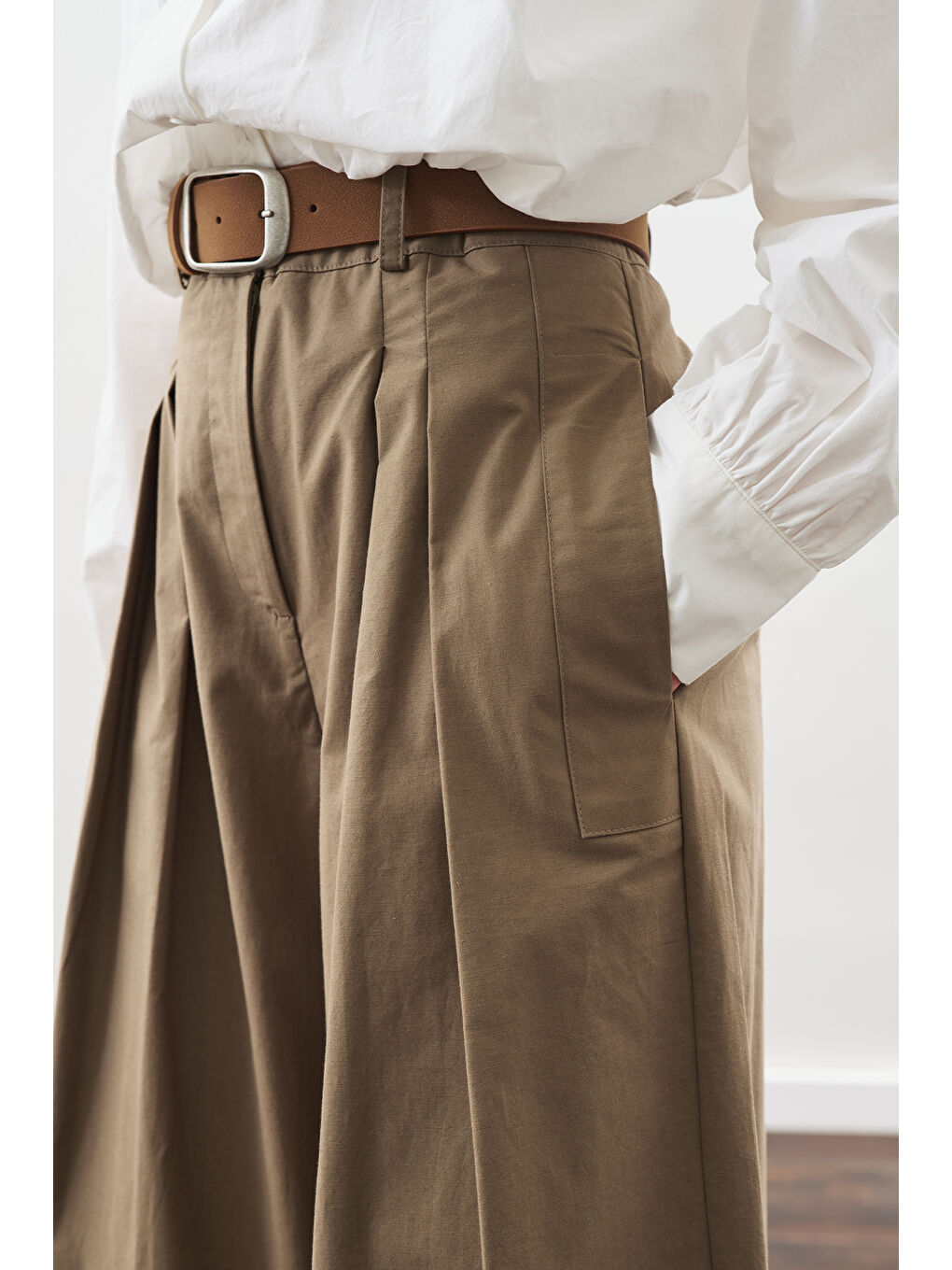 Geniş Pileli Gabardin Pantolon Haki-3