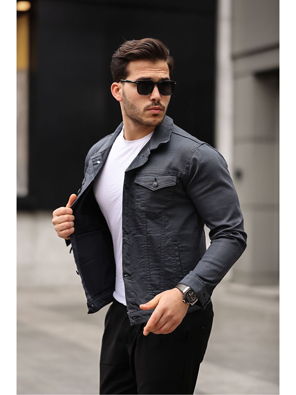 Gri Erkek A Kalite Slim Fit Denim Jean Ceket-1