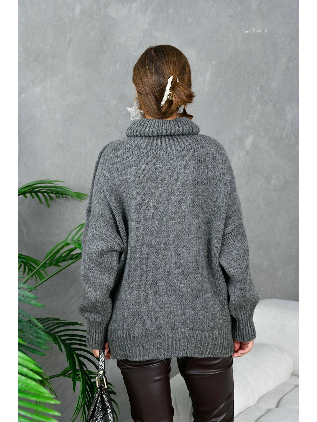 Antrasit Kadın Balıkçı Yaka Kaşkorse Oversize Triko Tunik-3