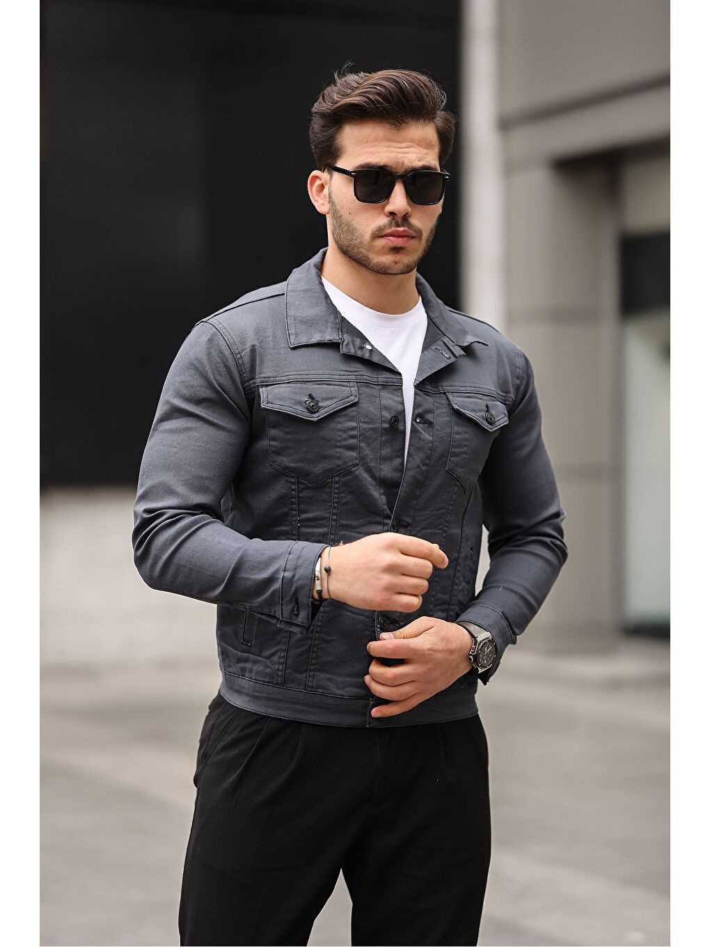 Gri Erkek A Kalite Slim Fit Denim Jean Ceket-2