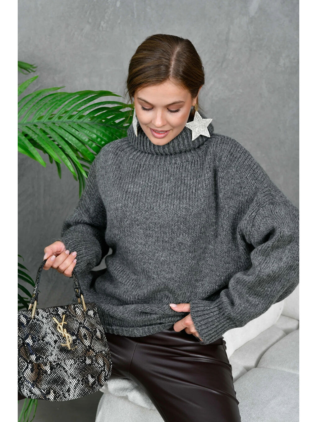 Antrasit Kadın Balıkçı Yaka Kaşkorse Oversize Triko Tunik-4