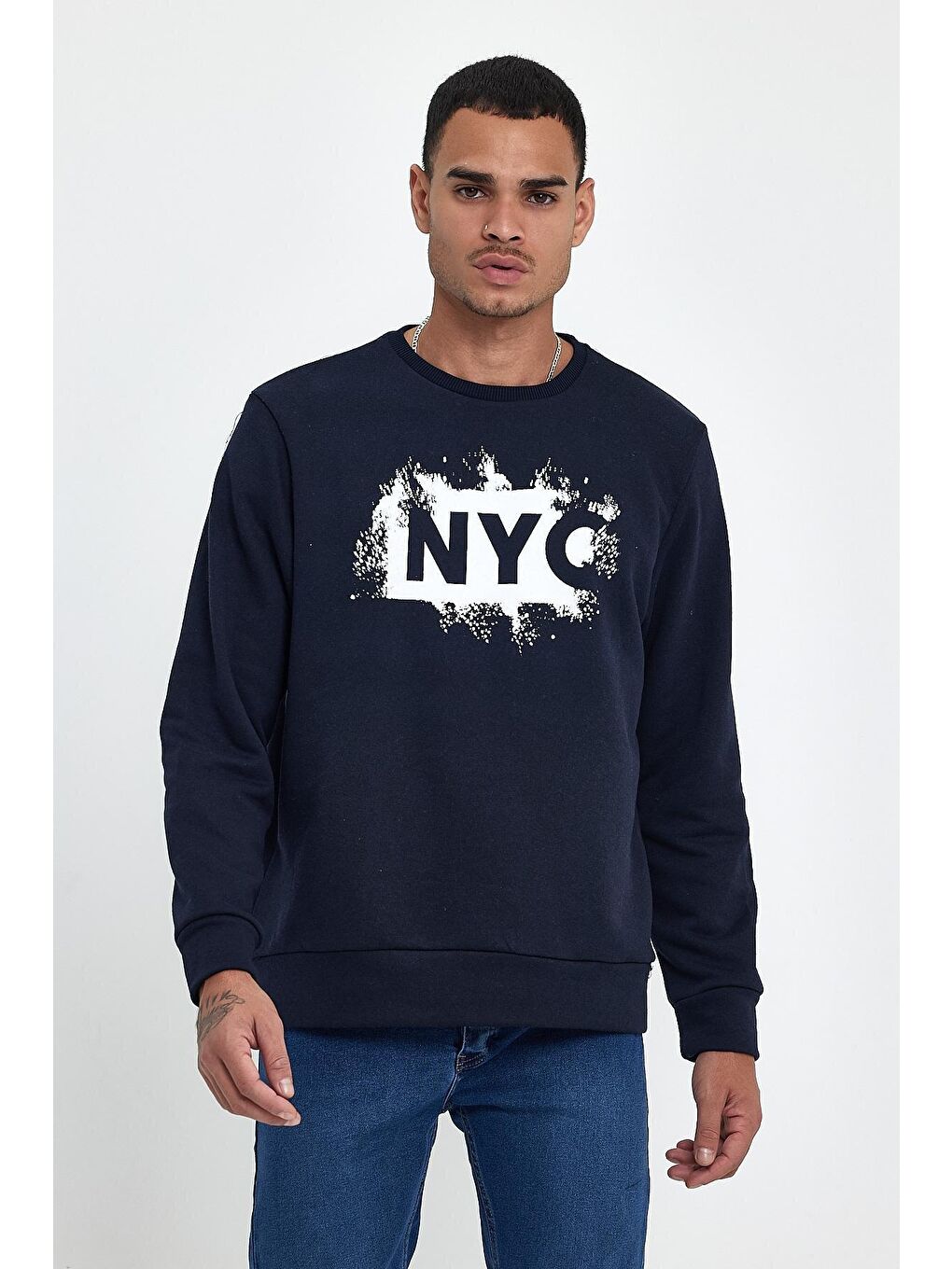 Lacivert Erkek Bisiklet Yaka Standart Kalıp 3 İplik Kalın NYC Baskılı Sweatshirt spr24sw24-2