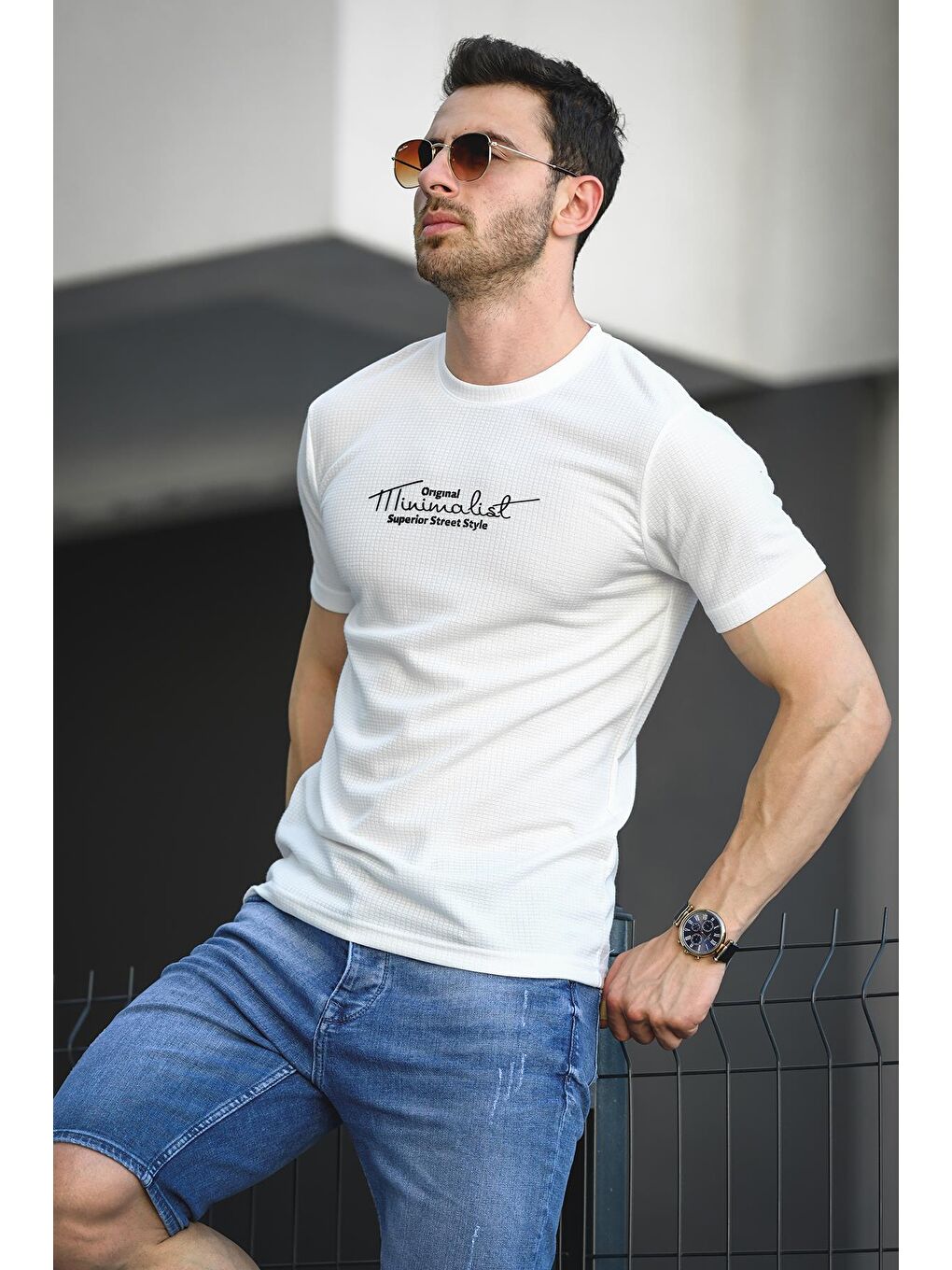 Oksit Beyaz Mizza Flok Baskılı Waffle Desen Slim Fit Likralı Erkek Tişört
