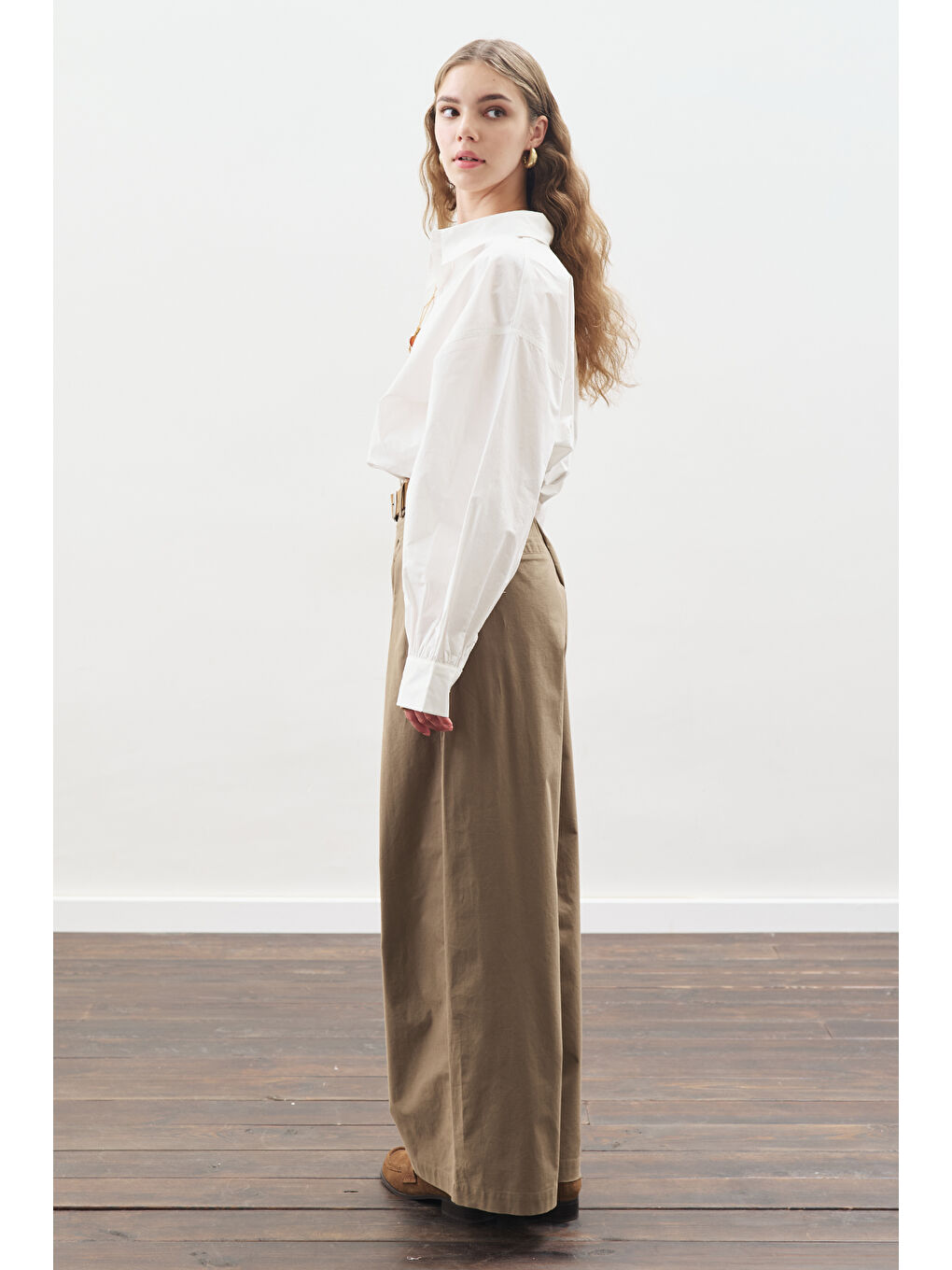 Geniş Pileli Gabardin Pantolon Haki-5