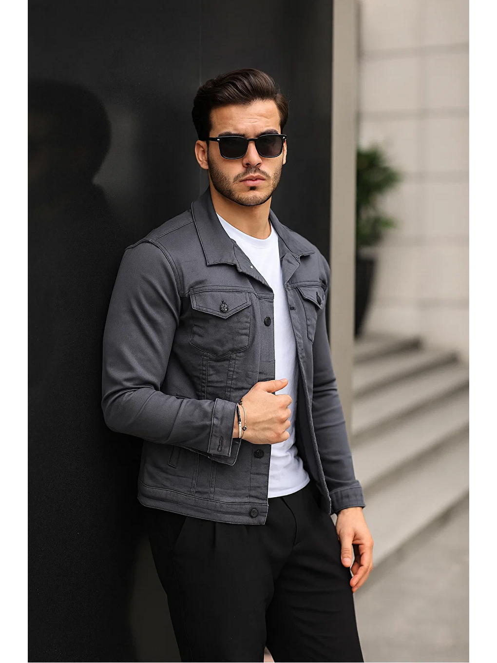 Gri Erkek A Kalite Slim Fit Denim Jean Ceket-3