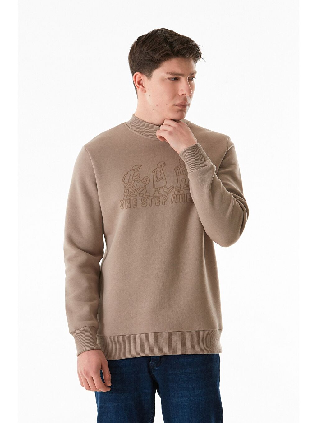 Bej 3 İplik One Step Ahead Baskılı Dik Yaka Sweatshirt