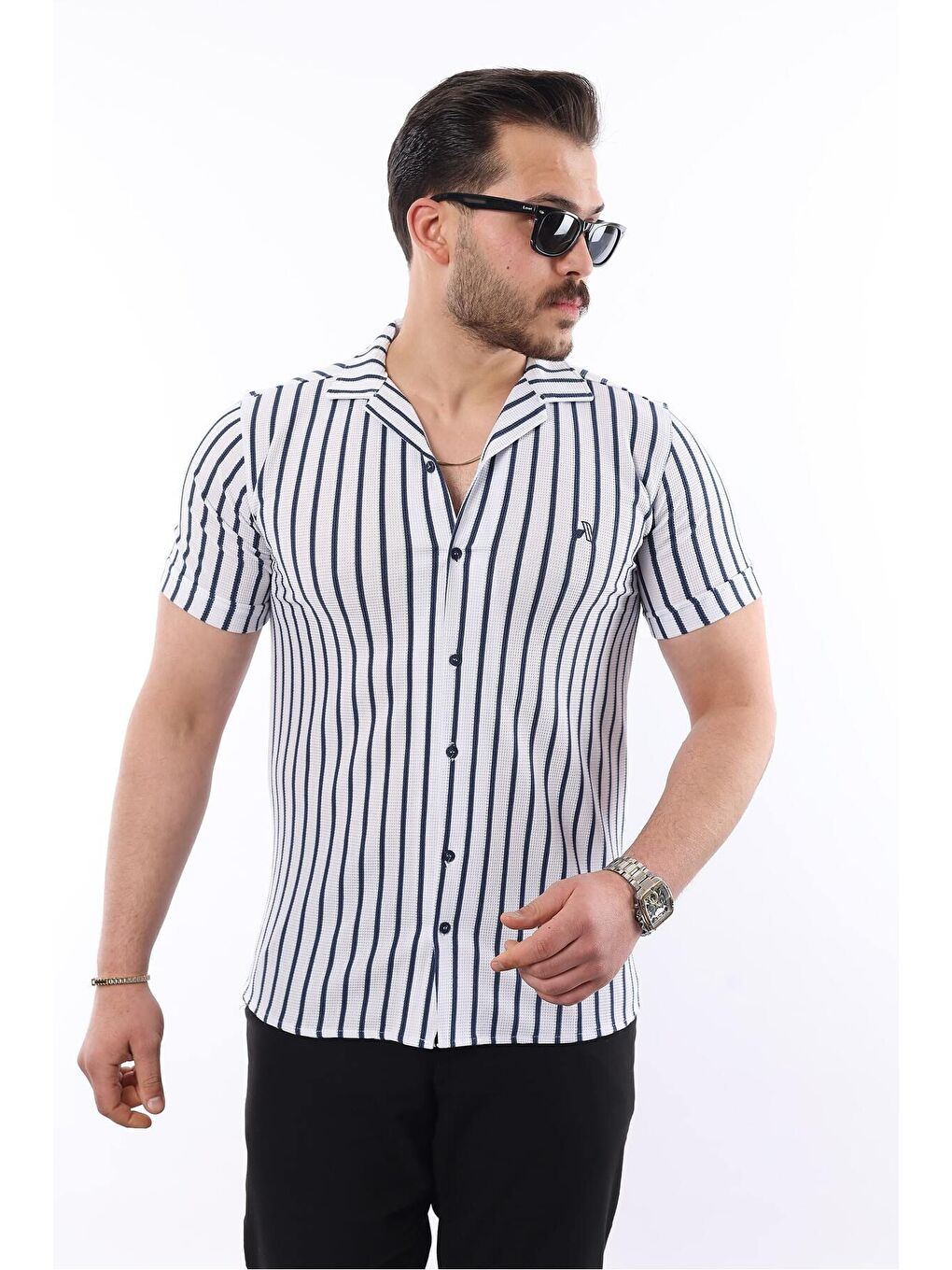 Lacivert Erkek Kısa Kollu Slim Fit Yazlık Çizgili Gömlek