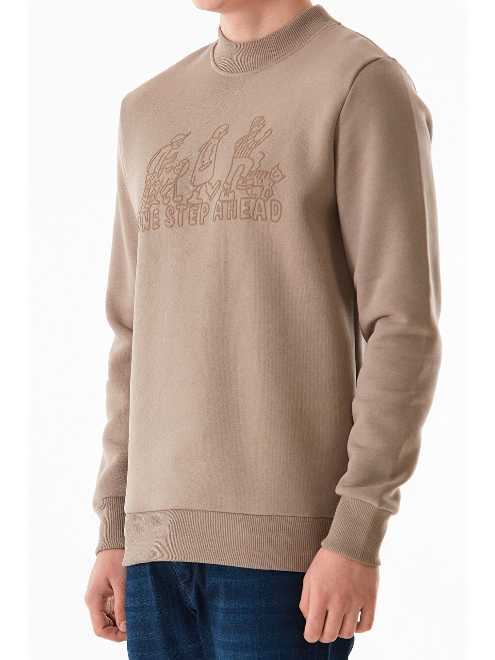 Bej 3 İplik One Step Ahead Baskılı Dik Yaka Sweatshirt-4