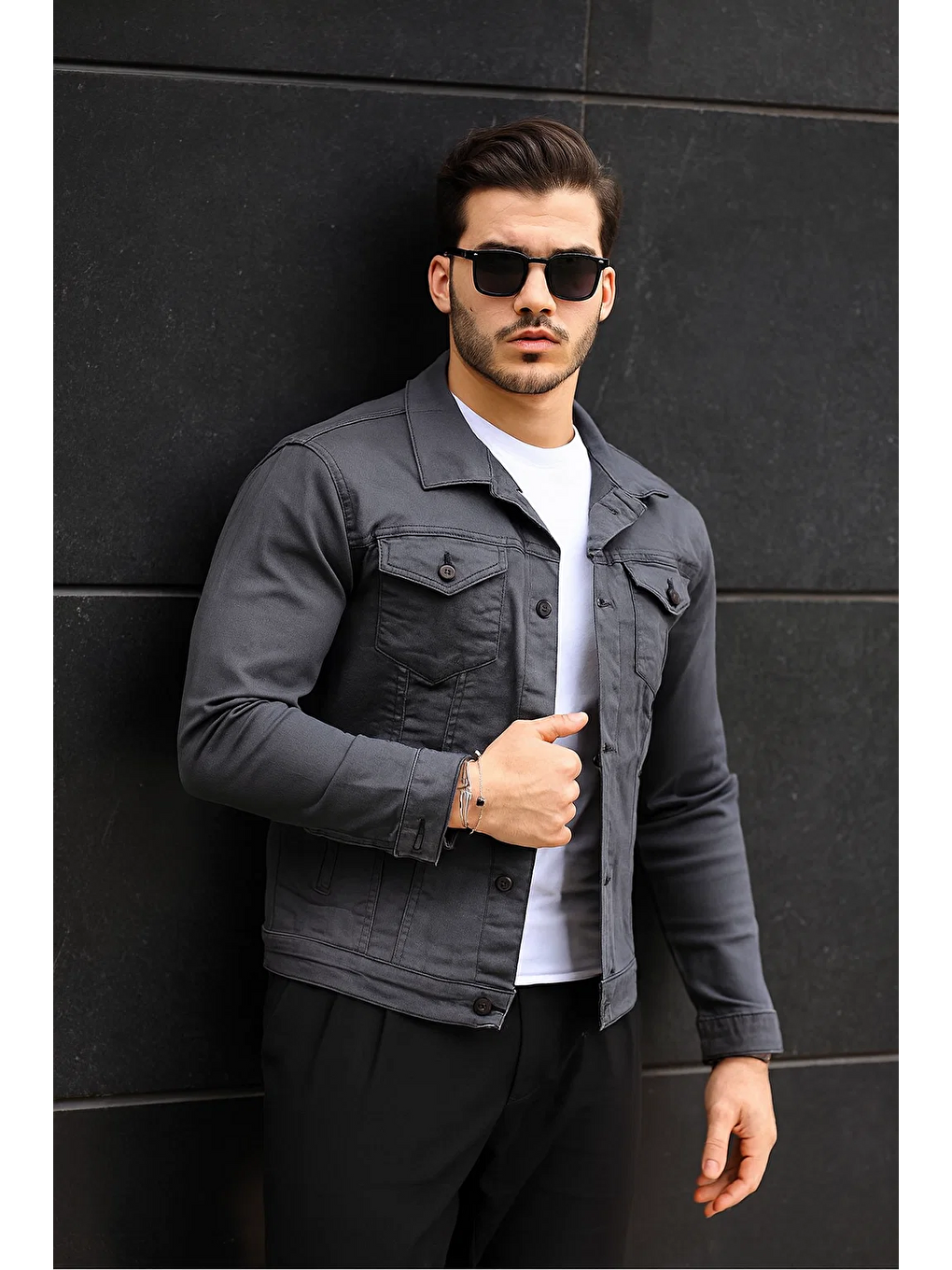 Gri Erkek A Kalite Slim Fit Denim Jean Ceket-4