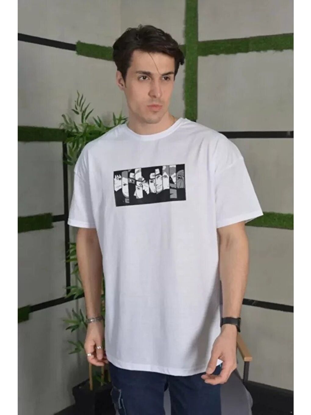 Unisex Bisiklet Yaka Baskılı Oversize T-Shirt - Beyaz-2