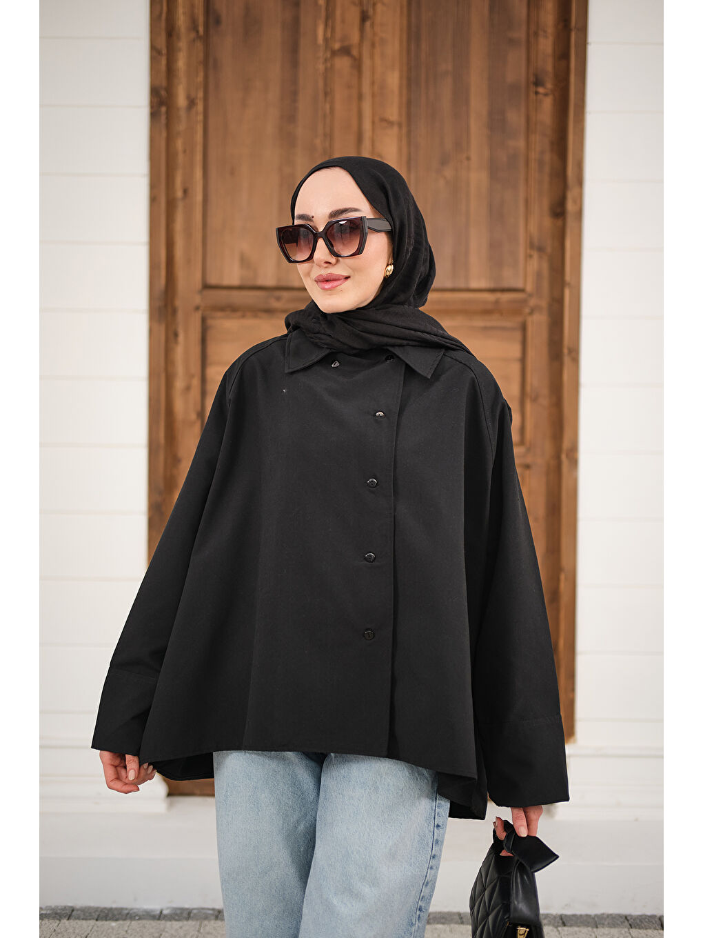 Kadın Gömlek Yaka Düğmeli İnce Kısa Trenç Siyah-2