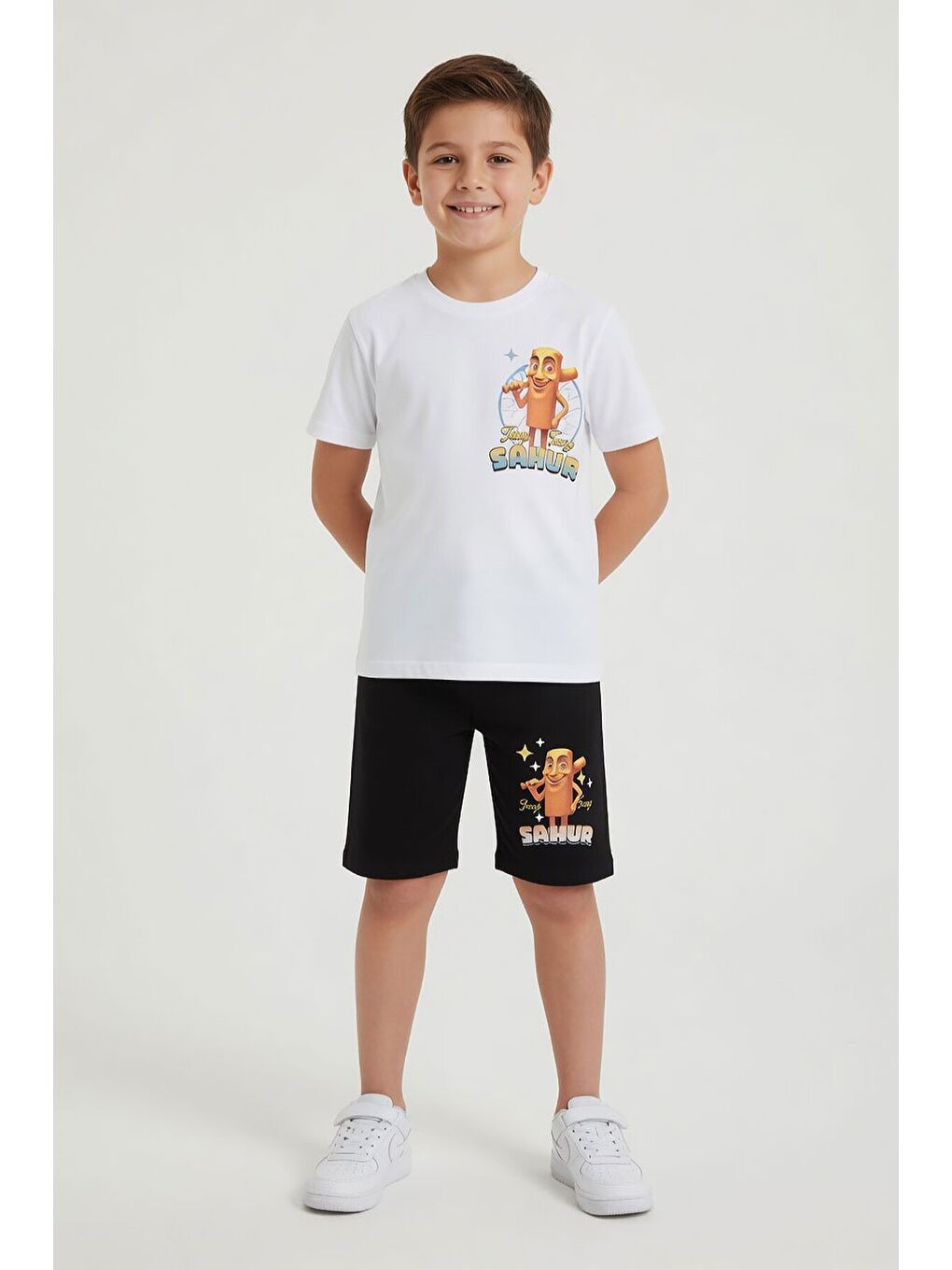 Ekru Erkek Çocuk Bisiklet Yaka Tişörtlü Şortlu 2li Baskılı Takım 24002-2