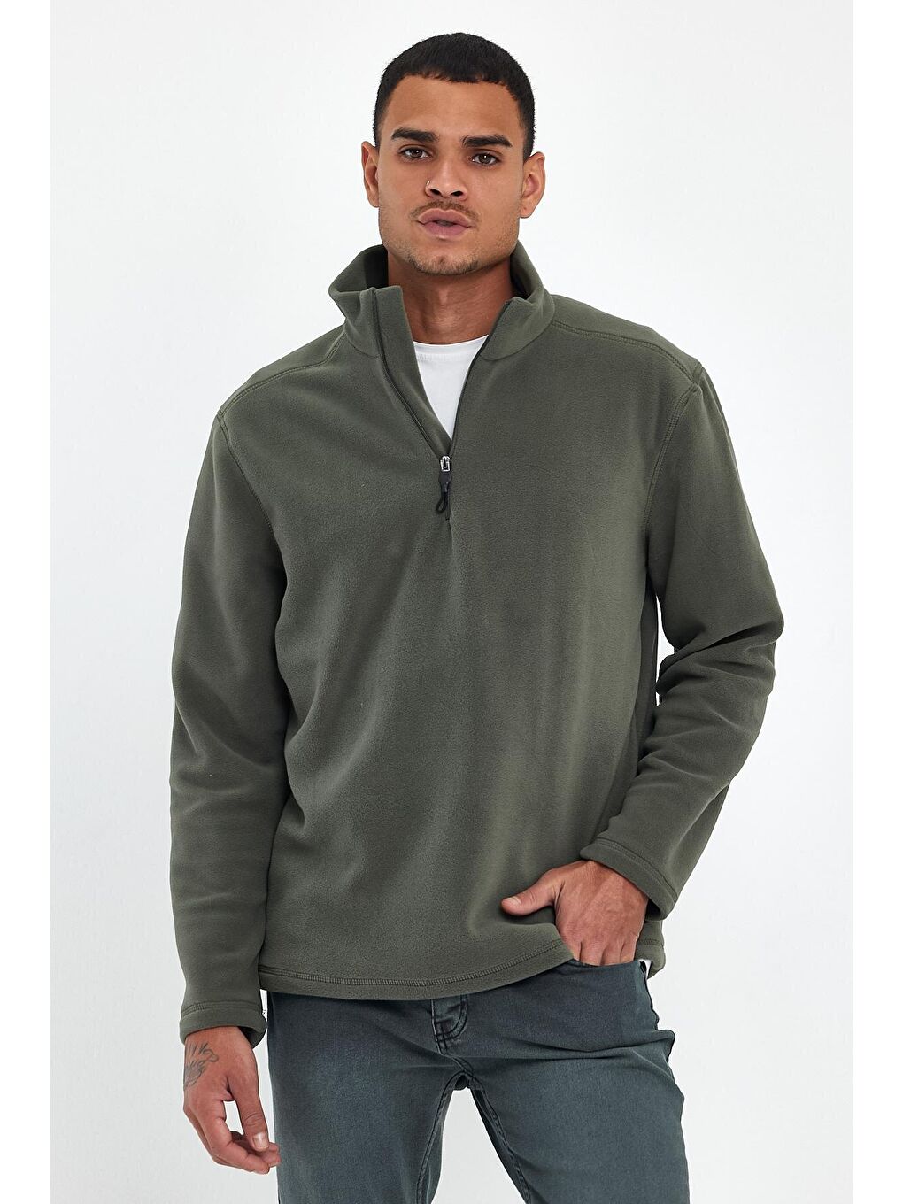 Haki Erkek Rahat Kalıp Softech Polar Yarım Fermuarlı Sweatshırt spr24pw20-4