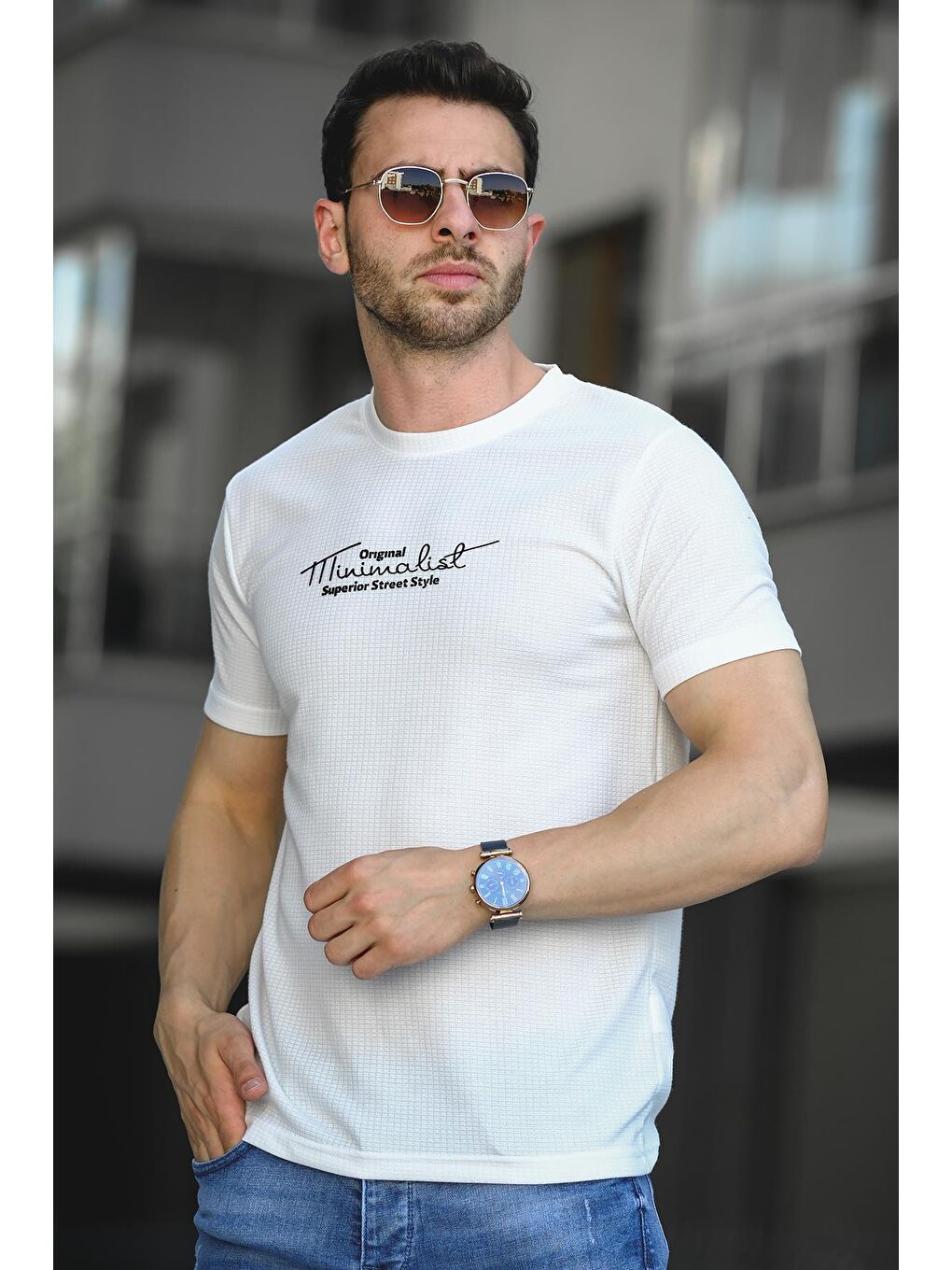 Oksit Beyaz Mizza Flok Baskılı Waffle Desen Slim Fit Likralı Erkek Tişört - 1