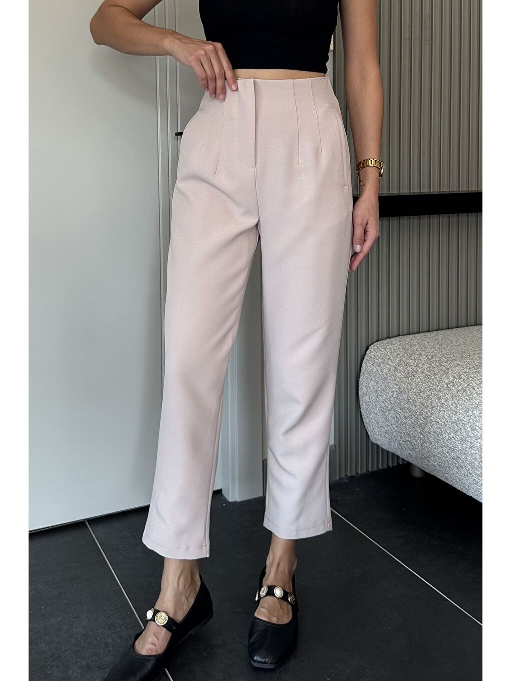 Bej Kadın Bel Çimalı Kumaş Pantolon-1