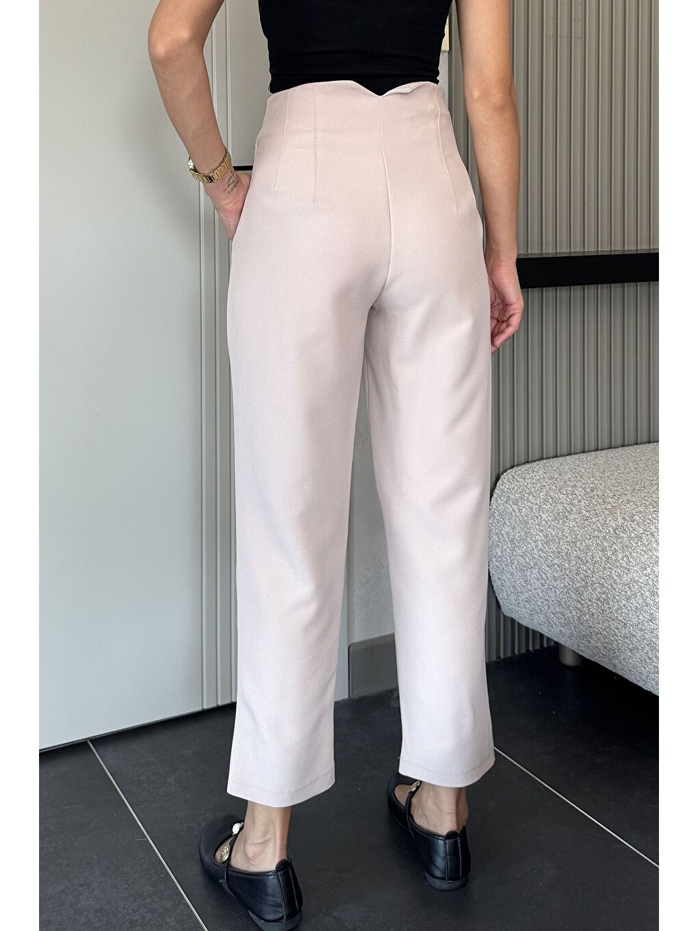 Bej Kadın Bel Çimalı Kumaş Pantolon-2